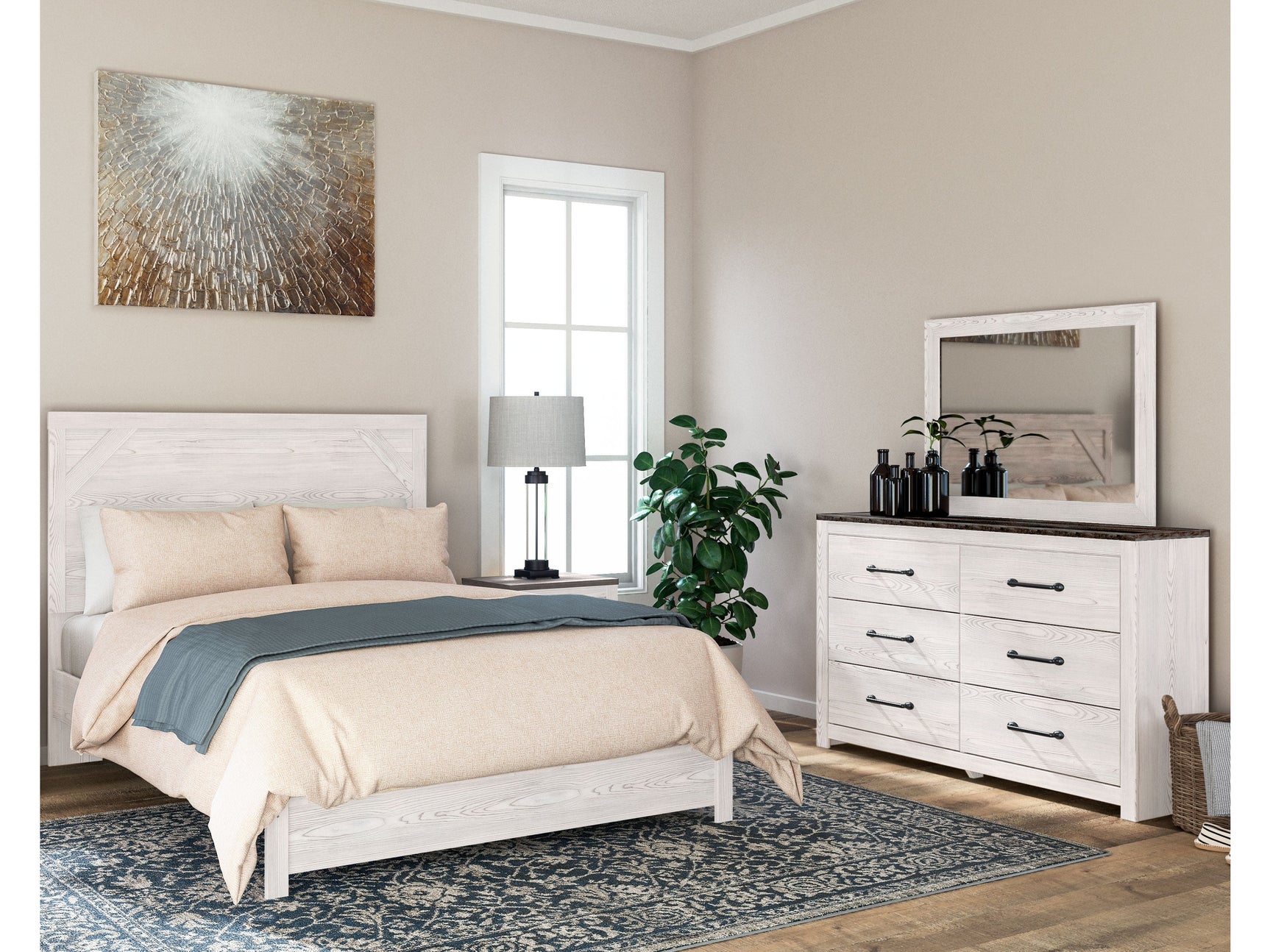 Gerridan White/Gray Queen Bed with Mirrored Dresser and Nightstand - Ornate Home