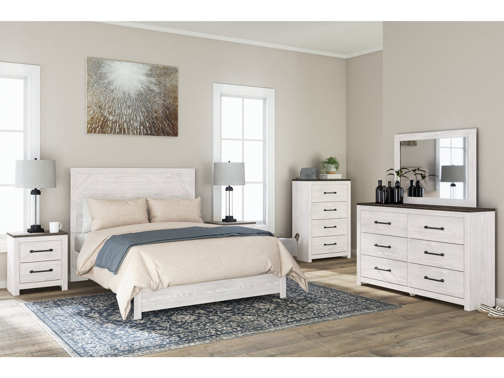 Gerridan White/Gray Queen Panel Bedroom Set with Dresser and Mirror, Chest and Nightstand (Online Special Price) - Ornate Home