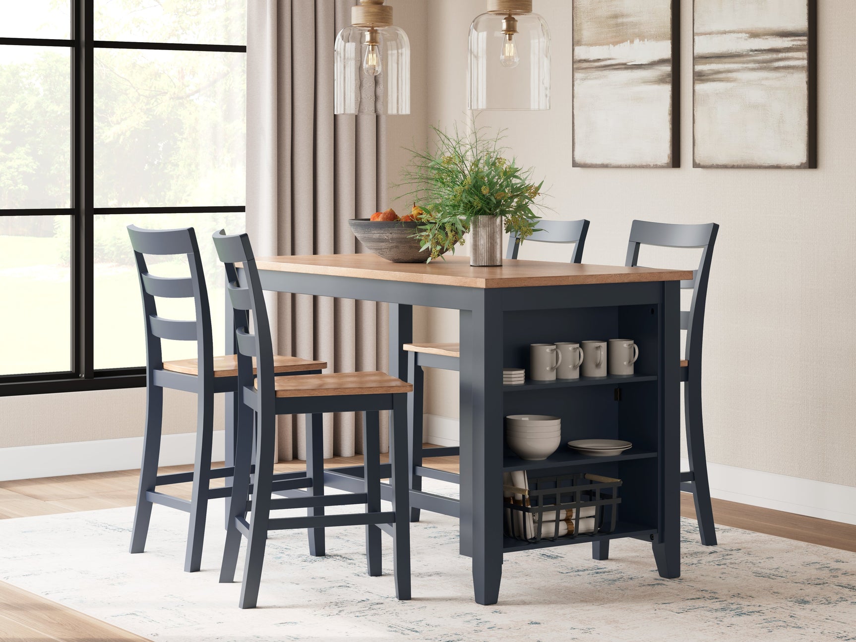 Gesthaven Natural/Blue Counter Height Dining Table and 4 Barstools - Ornate Home