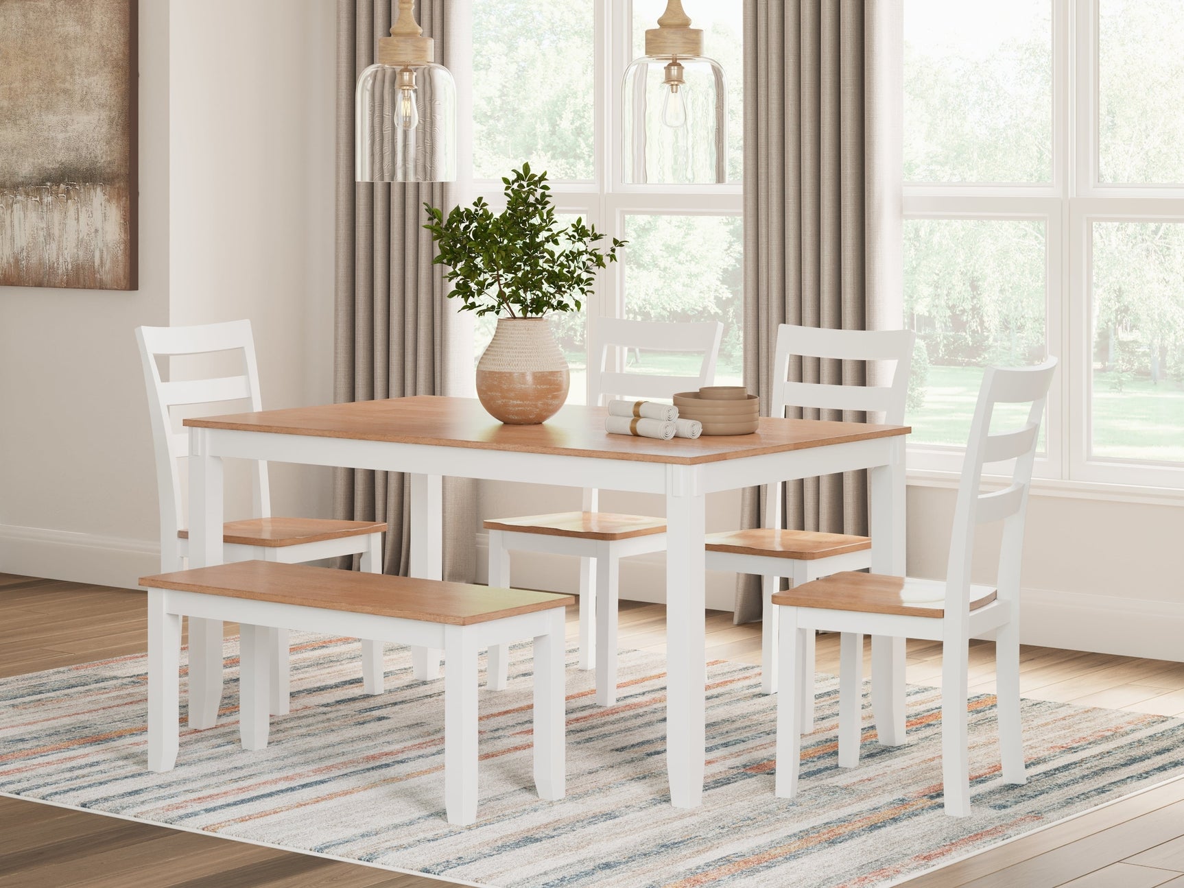 Gesthaven Natural/White Dining Table with 4 Chairs and Bench (Set of 6) (Online Special Price) - Ornate Home