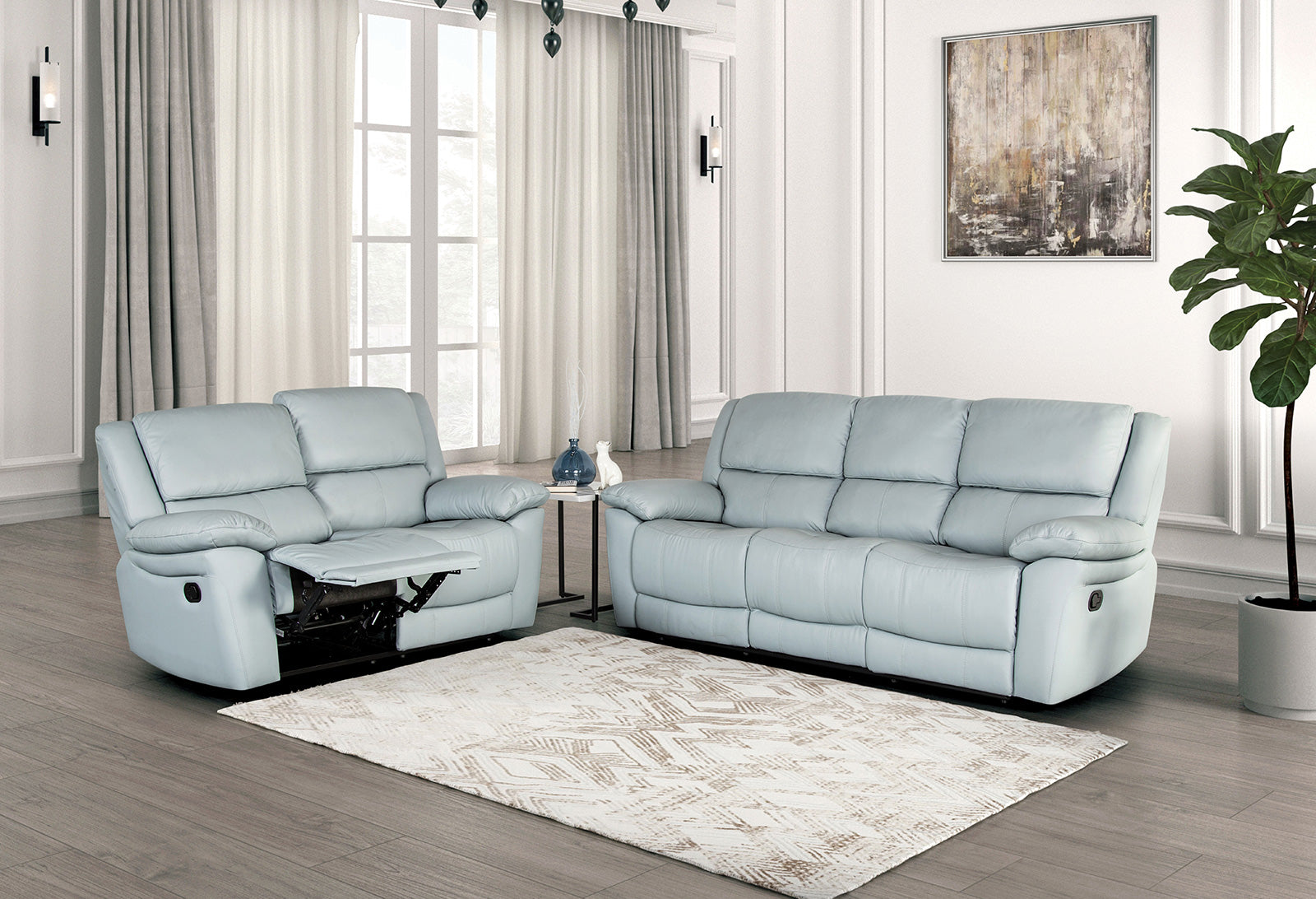 Glarus Powder Blue Leather Match Reclining Loveseat - Ornate Home