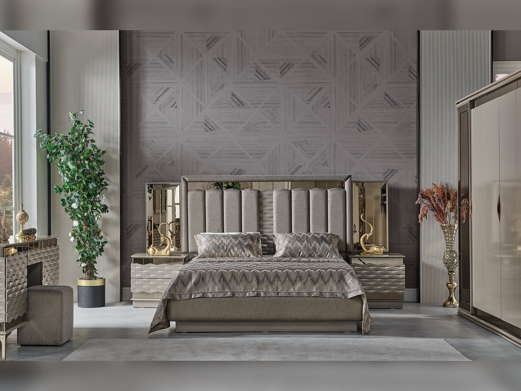 Gokce Light Brown Bedroom Set (Queen Frame With Headboard & Dresser With Mirror & Ottoman & 2 Nightstand)