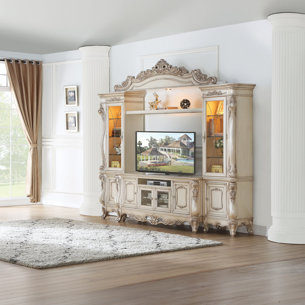 Gorsedd Entertainment Center in Antique White - Ornate Home