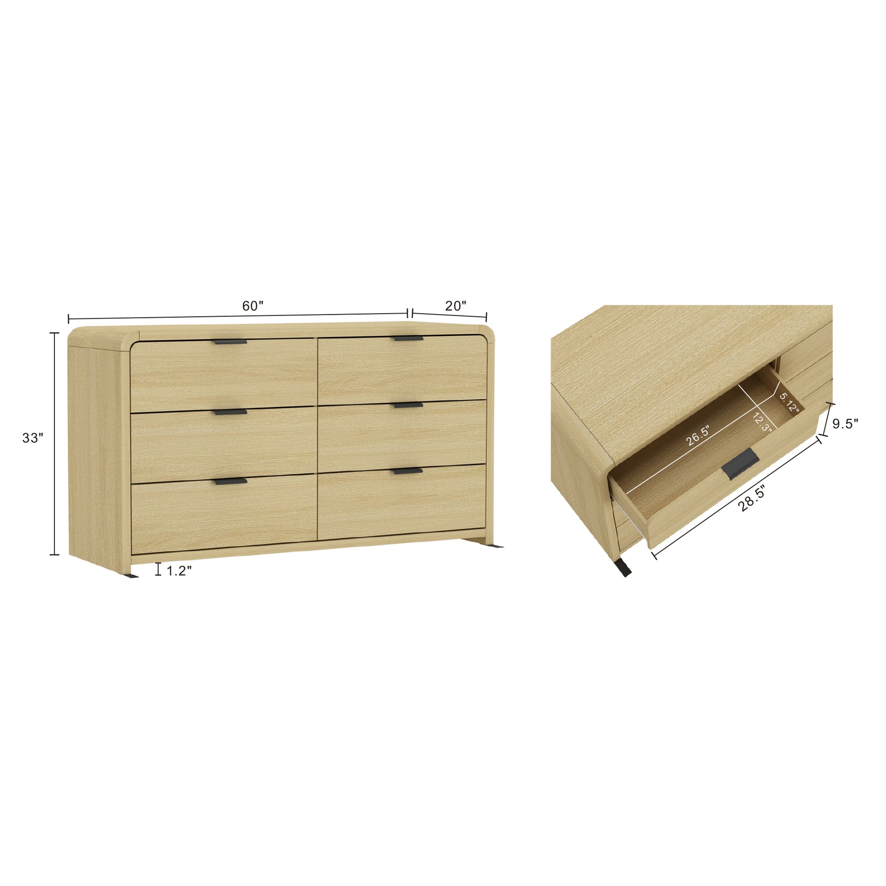 Grace 60" Double Dresser in Natural Oak and Black - Ornate Home