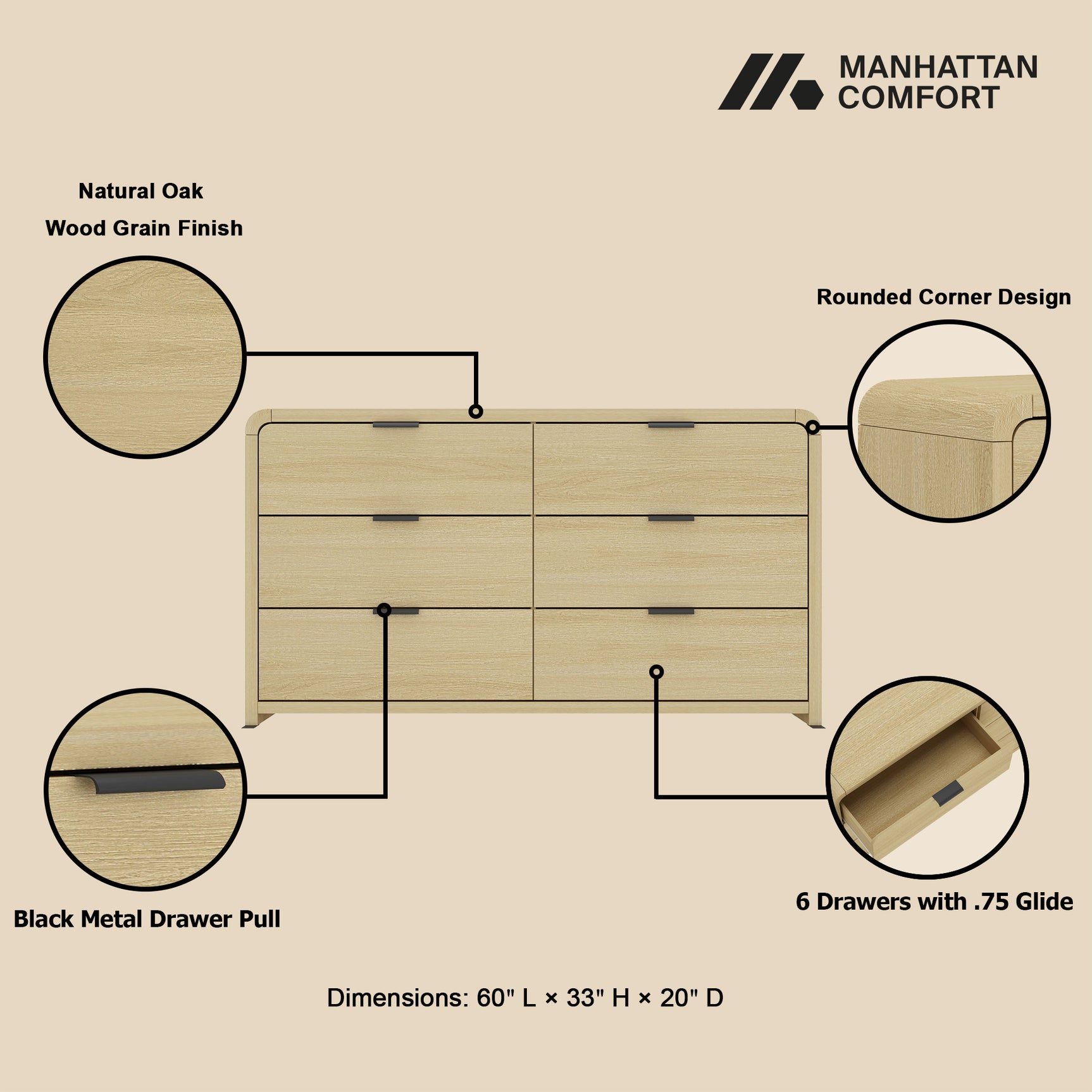 Grace 60" Double Dresser in Natural Oak and Black - Ornate Home
