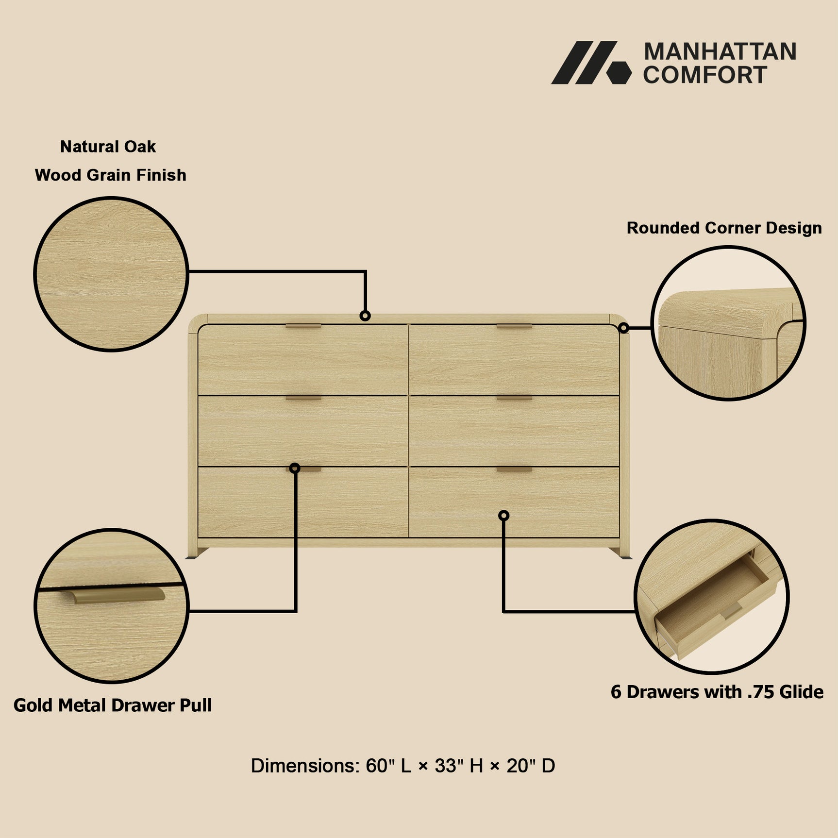 Grace 60" Double Dresser in Natural Oak and Gold - Ornate Home