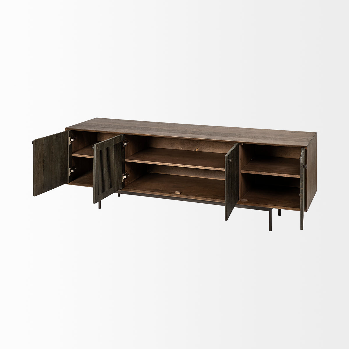 Grace Brown Two-Toned Solid Wood TV Stand Media Console with Slated Doors, TV up to 82" - Ornate Home