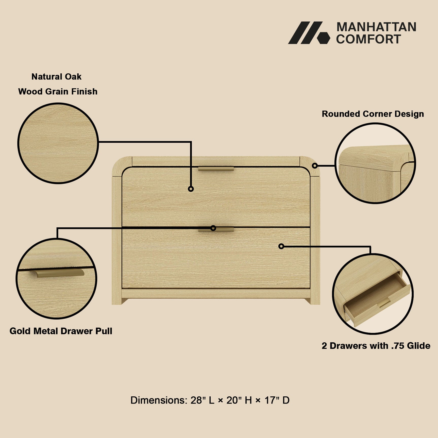 Grace Nightstand in Natural Oak and Gold - Ornate Home