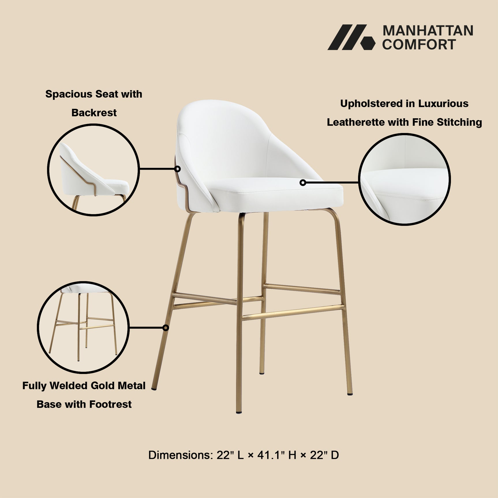 Gracie Barstool in White and Gold (set of 2) - Ornate Home