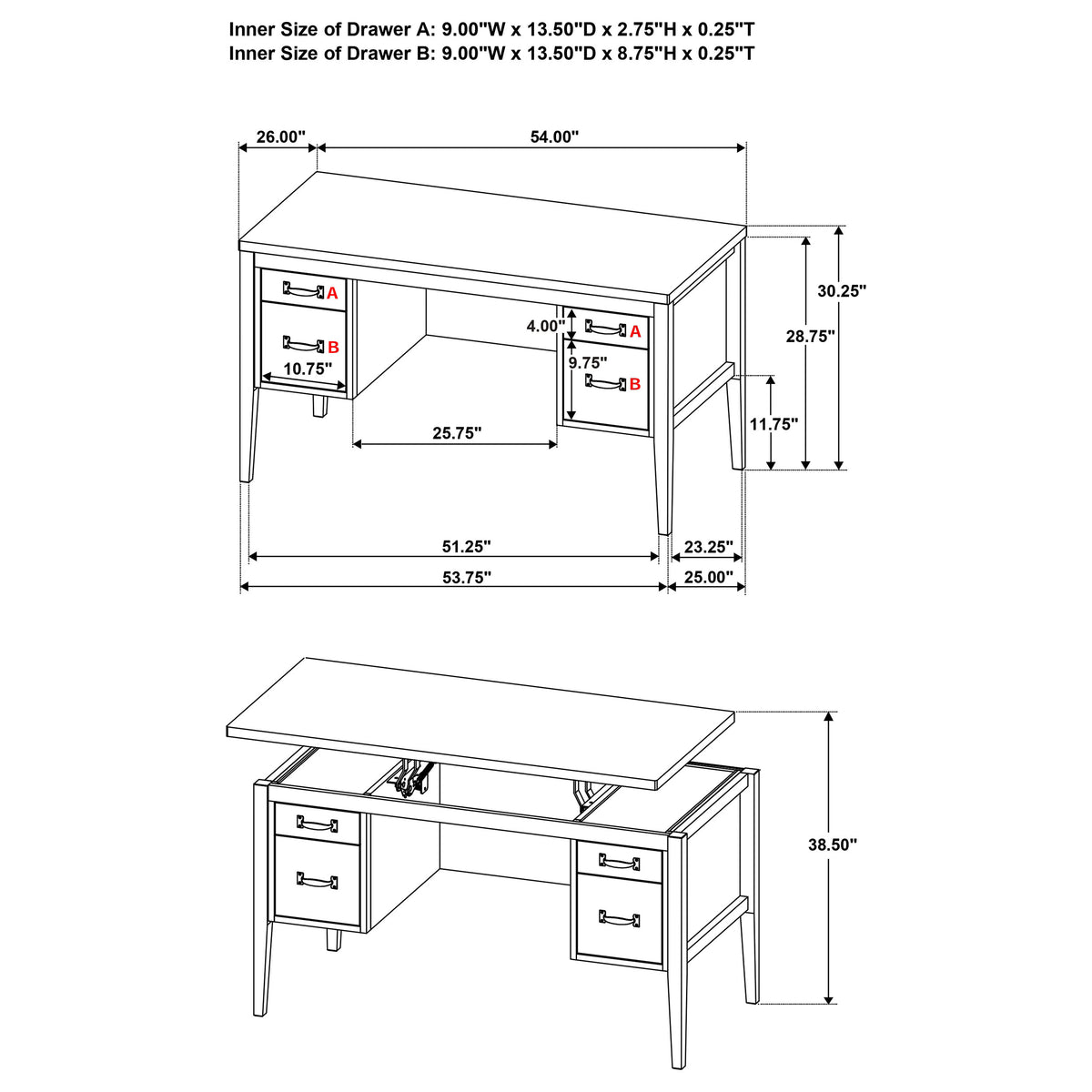 Graham Chocolate 54-inch 4-drawer Double Pedestal Lift Top Computer Desk - Ornate Home