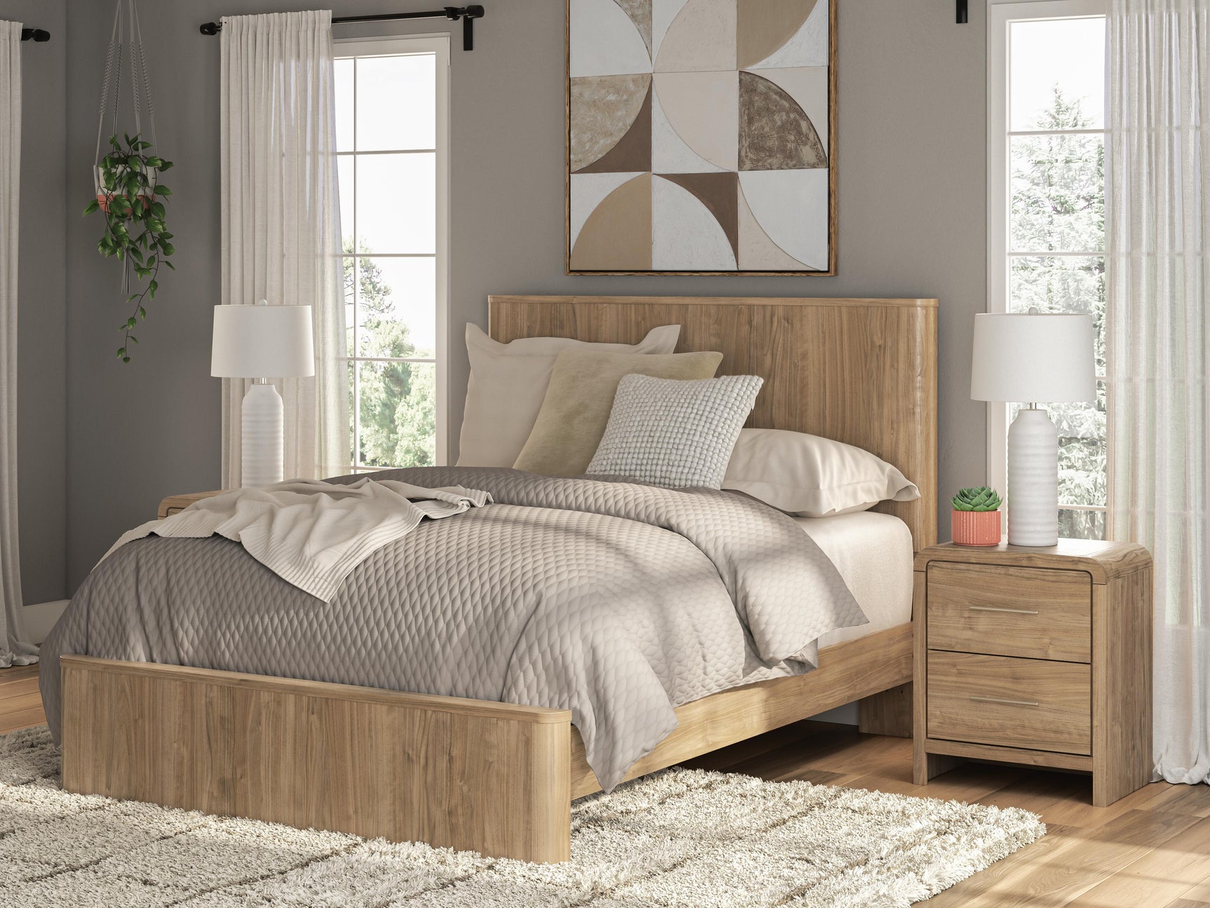 Gramburg Warm Natural Brown Queen Panel Platform Bed - Ornate Home