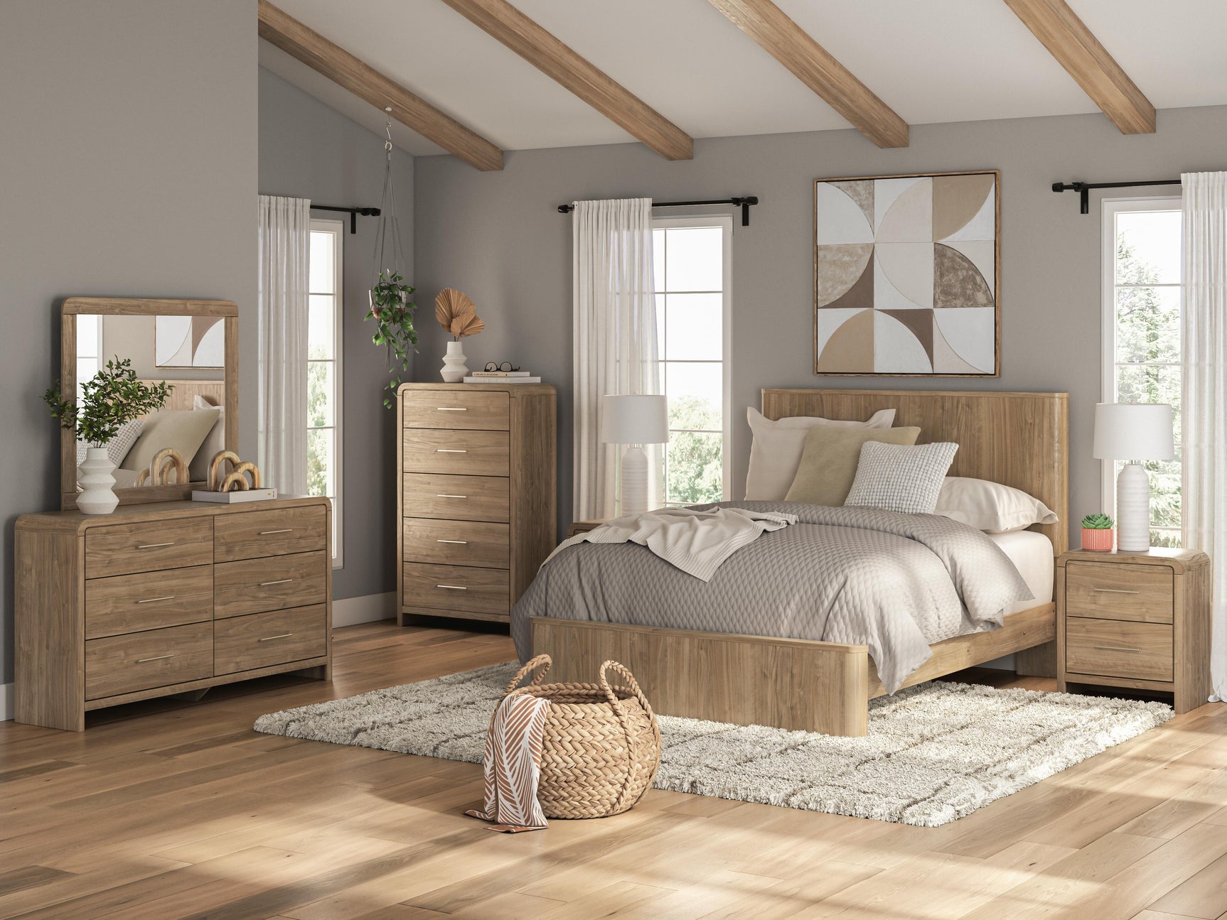 Gramburg Warm Natural Brown Queen Panel Platform Bed - Ornate Home