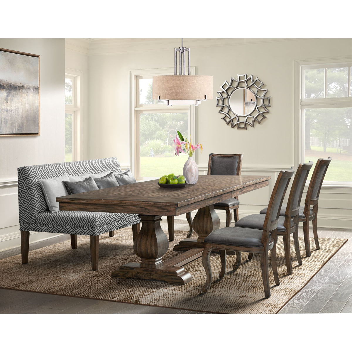 Gramercy Walnut 6-Piece Dining Set with Table, Four Chairs & Settee - Ornate Home