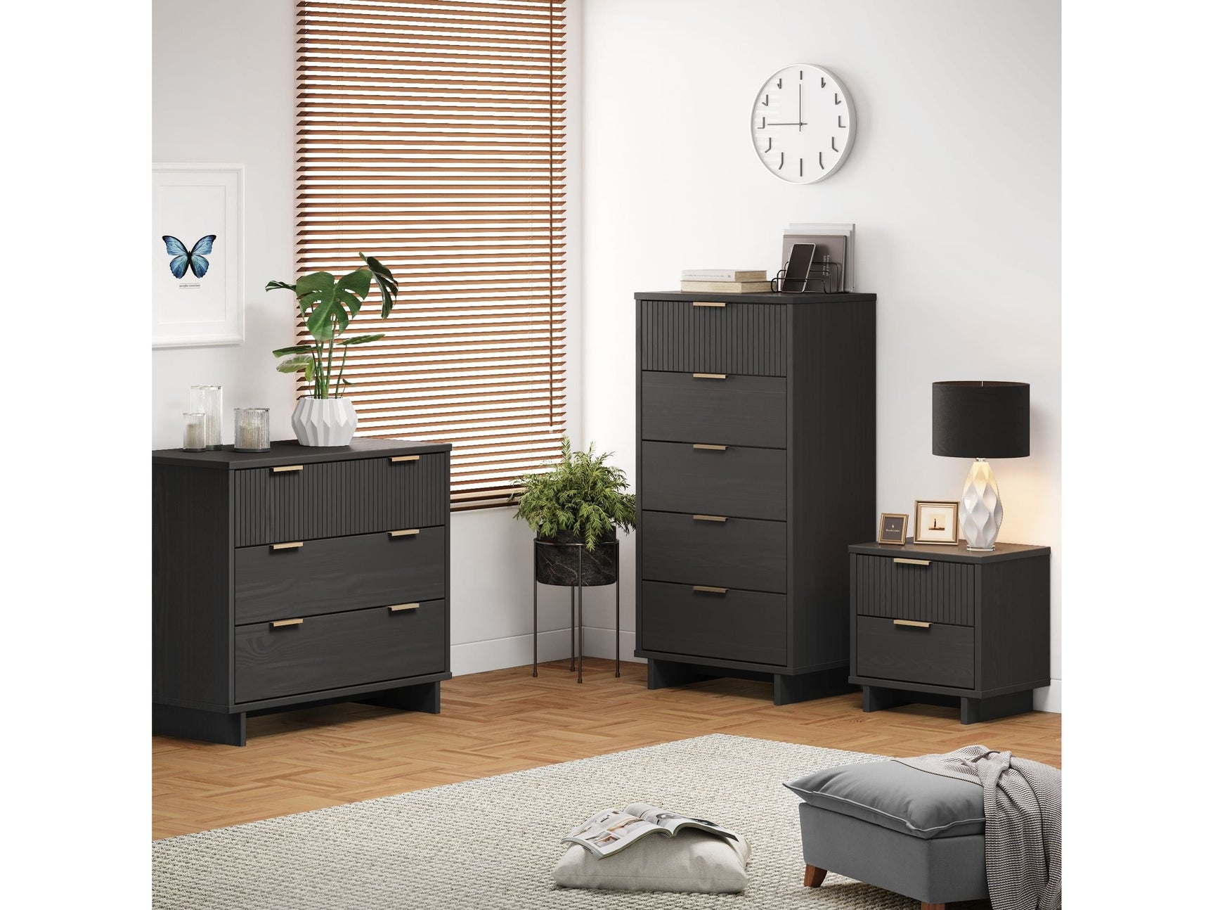 Granville 3-Piece Standard Dresser, Tall Narrow Chest and Nightstand Set in Dark Grey - Ornate Home