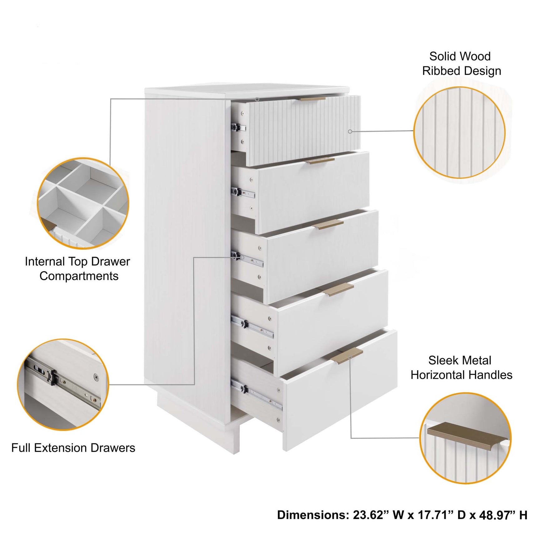 Granville 3-Piece Standard Dresser, Tall Narrow Chest and Nightstand Set in White - Ornate Home