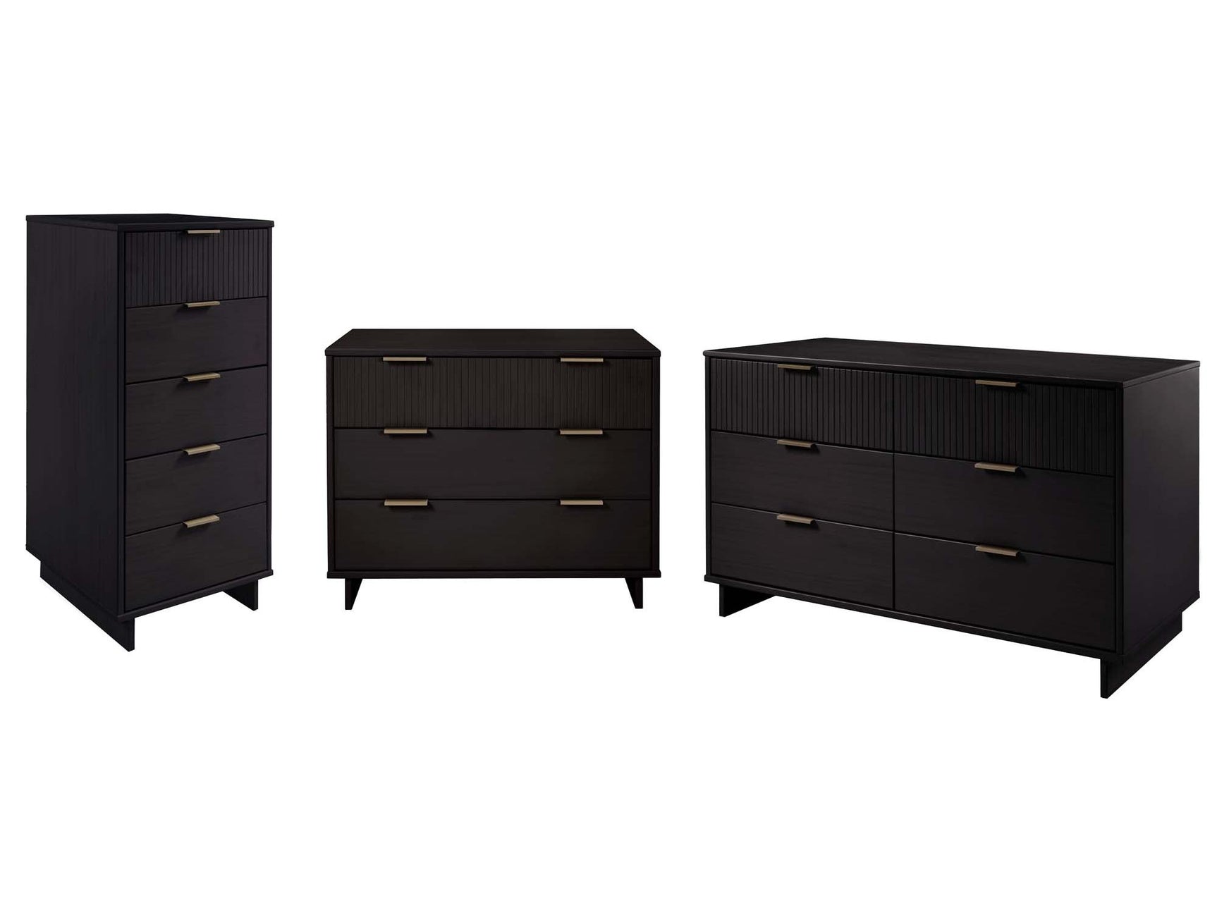 Granville 3-Piece Tall Narrow Chest, Double Dresser Set and Standard Dresser Set in Black - Ornate Home