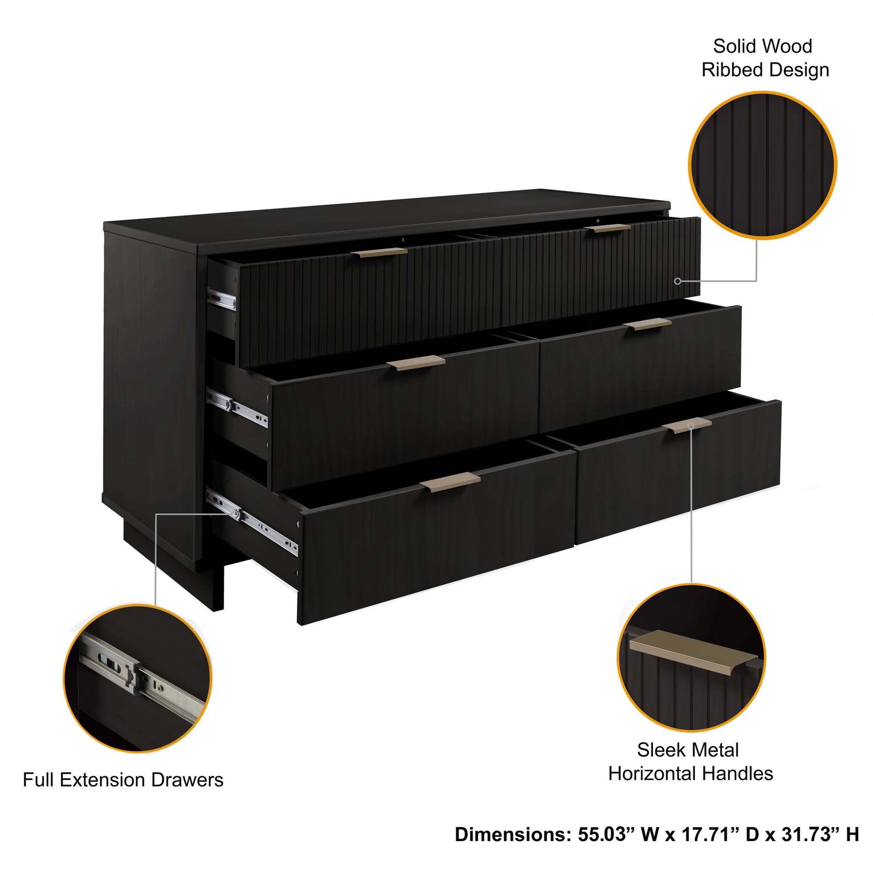 Granville 3-Piece Tall Narrow Chest, Double Dresser Set and Standard Dresser Set in Black - Ornate Home