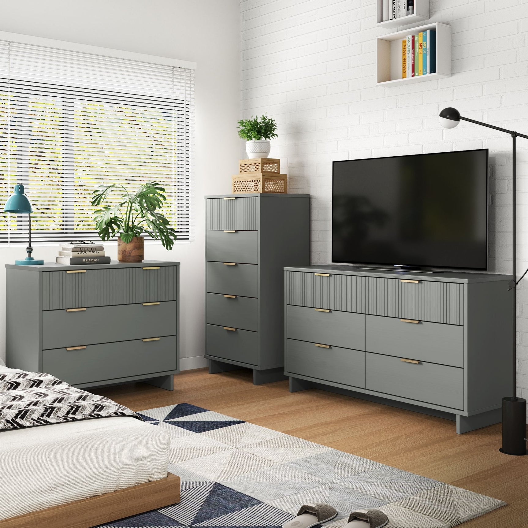 Granville 3-Piece Tall Narrow Chest, Double Dresser Set and Standard Dresser Set in Light Grey - Ornate Home