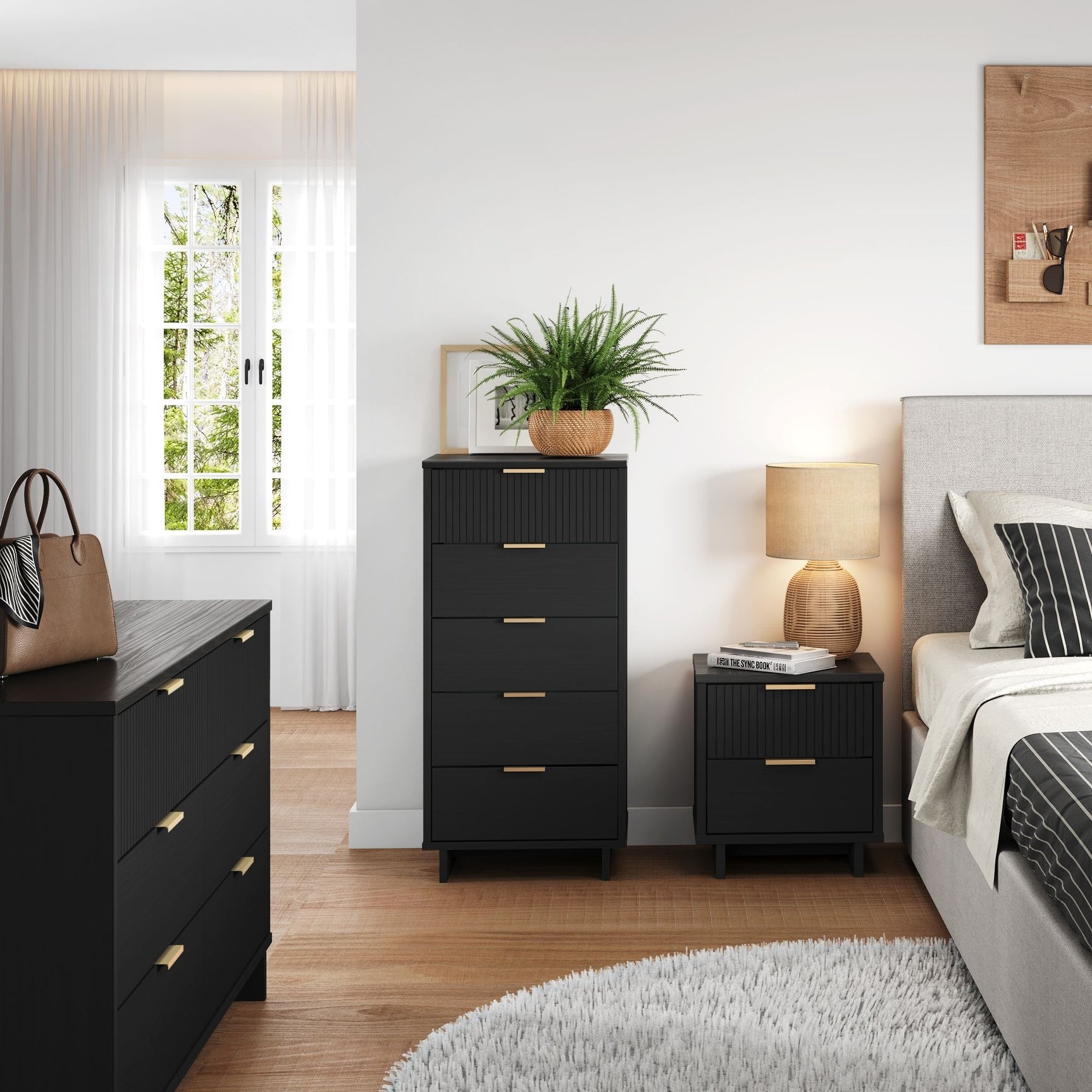 Granville 3-Piece Tall Narrow Chest, Double Dresser and Nightstand Set in Black - Ornate Home