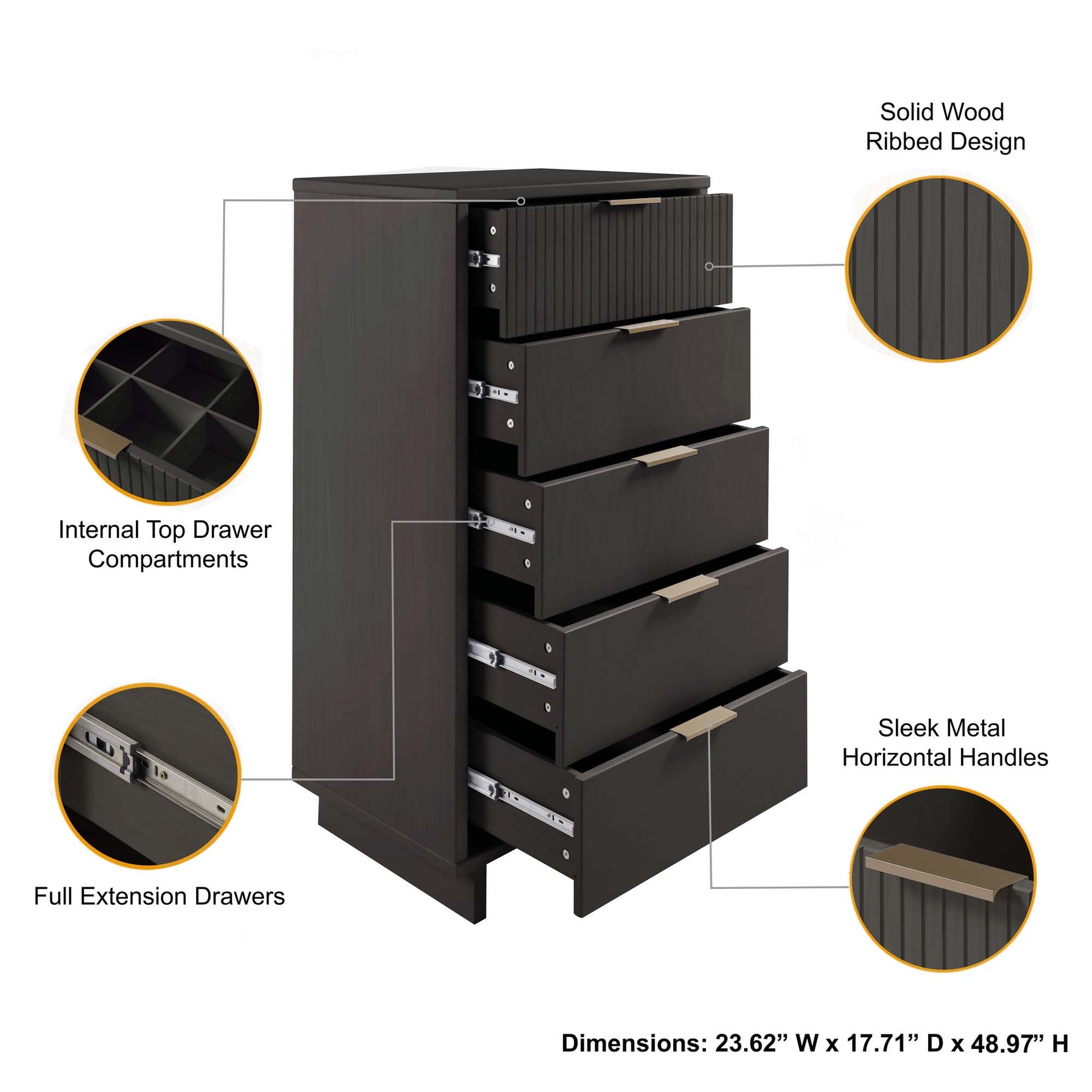 Granville 3-Piece Tall Narrow Chest, Double Dresser and Nightstand Set in Dark Grey - Ornate Home