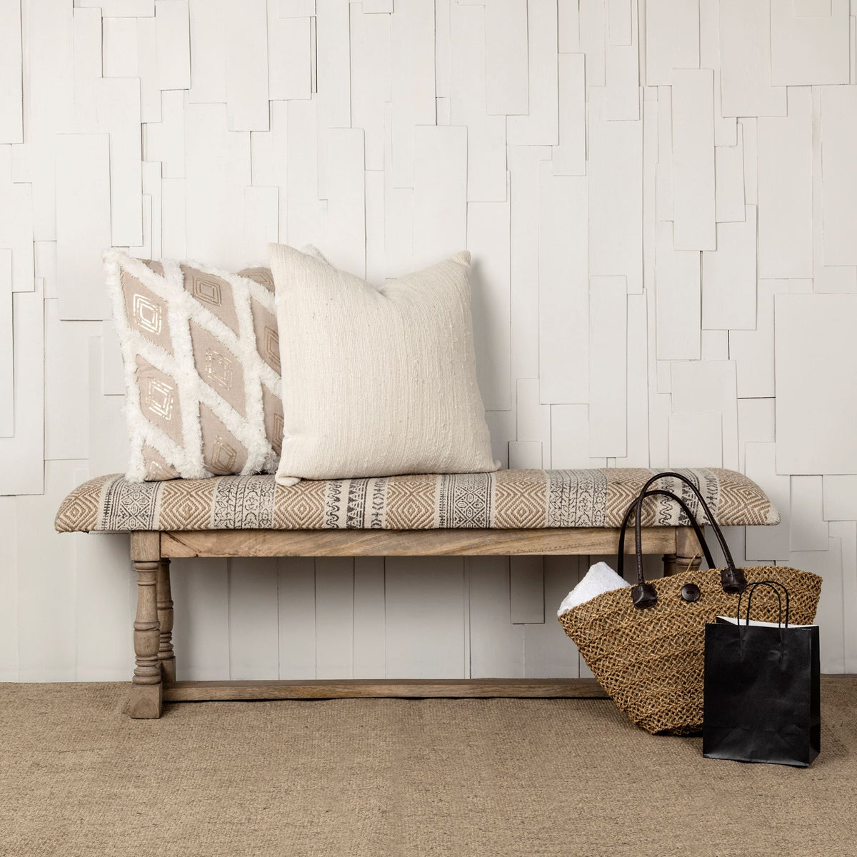 Greenfield Tan Patterned Upholstered Wood Frame Accent Bench - Ornate Home