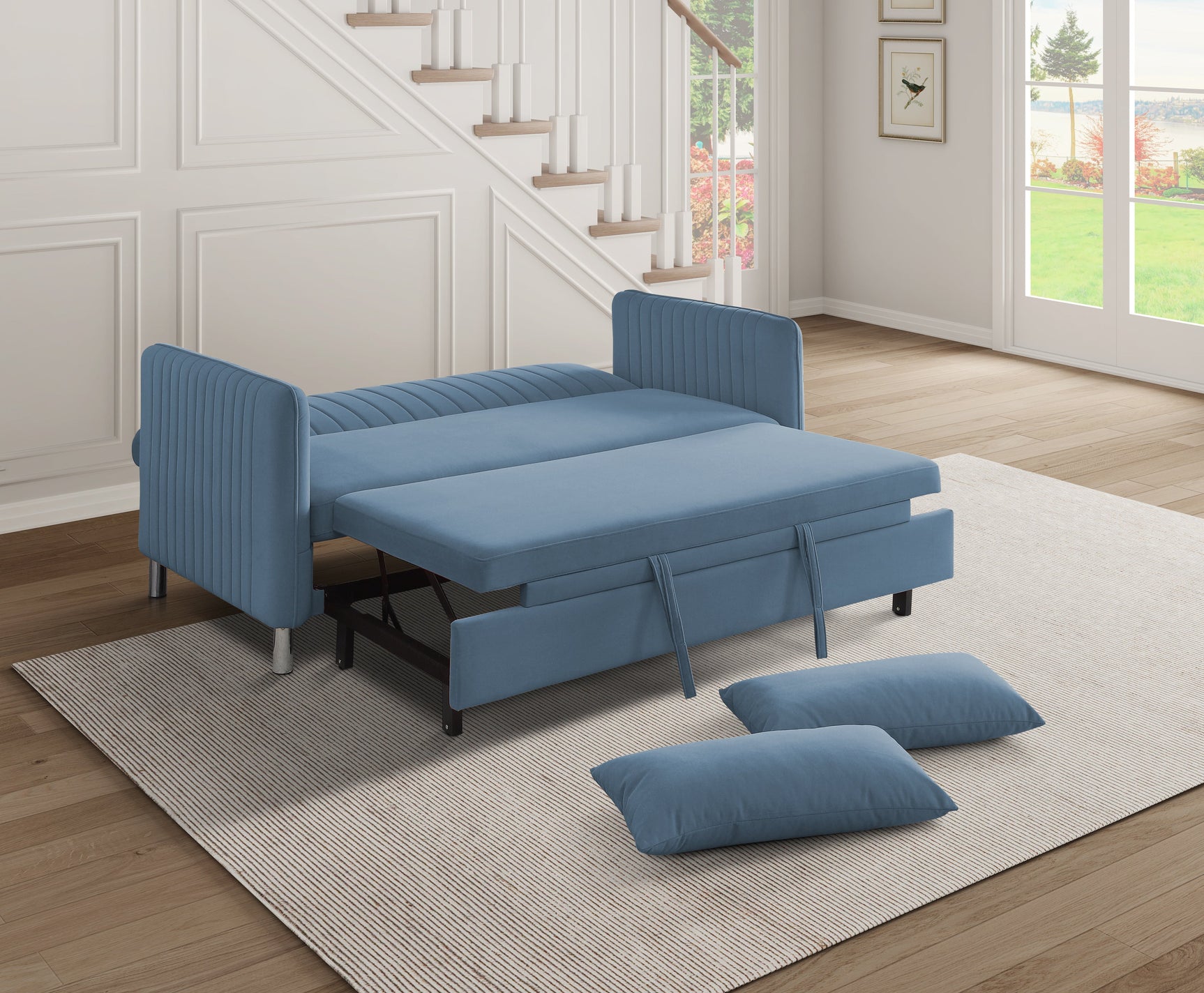 Greenway Blue Convertible Studio Sofa with Pull-Out Bed - Ornate Home