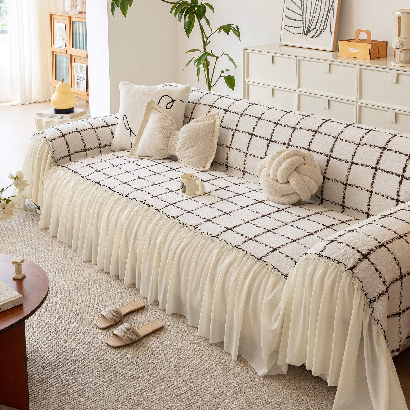 Grid Sofa Cover with Ruffle Skirt – Soft, Decorative, Full-Cover Couch Protector - Ornate Home