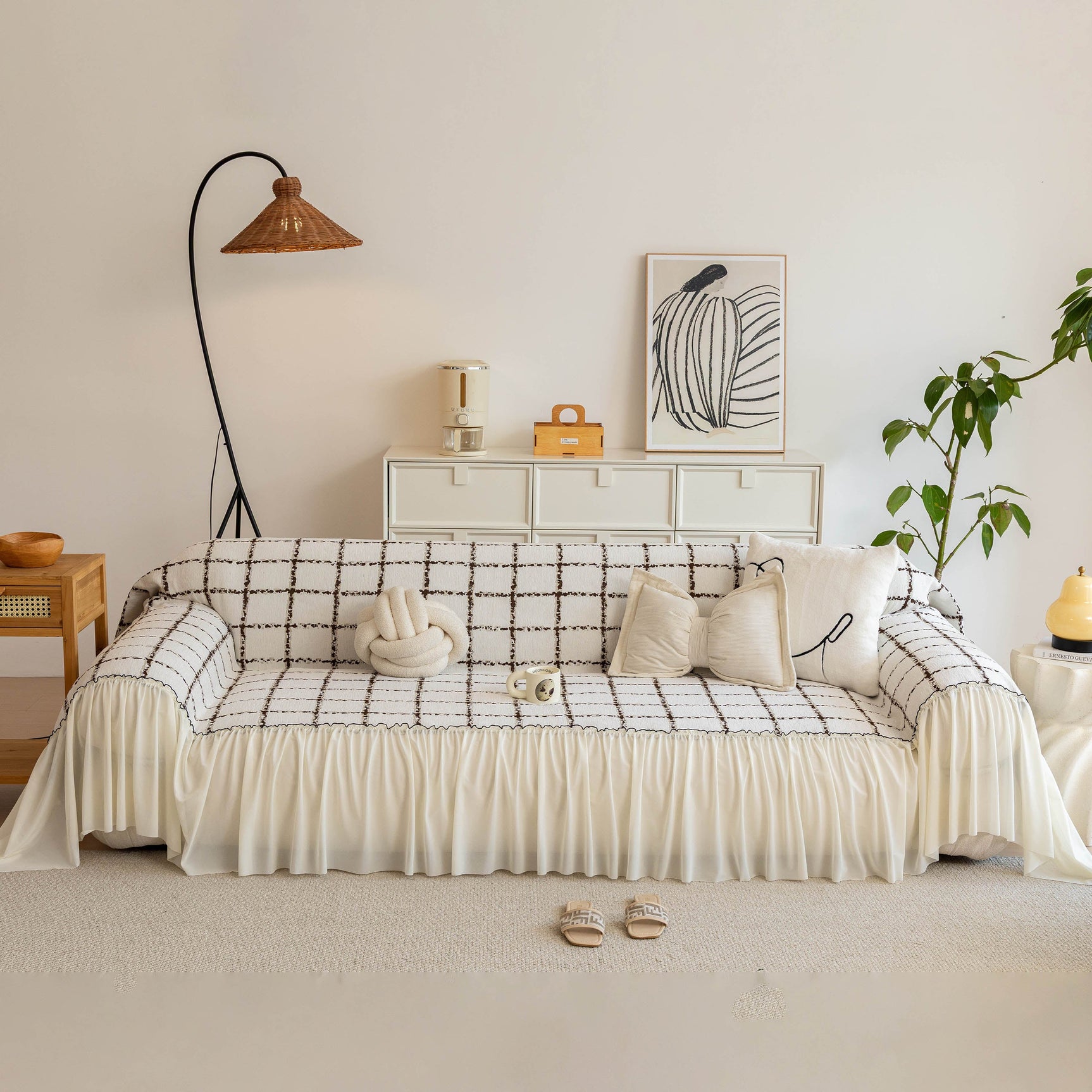 Grid Sofa Cover with Ruffle Skirt – Soft, Decorative, Full-Cover Couch Protector - Ornate Home
