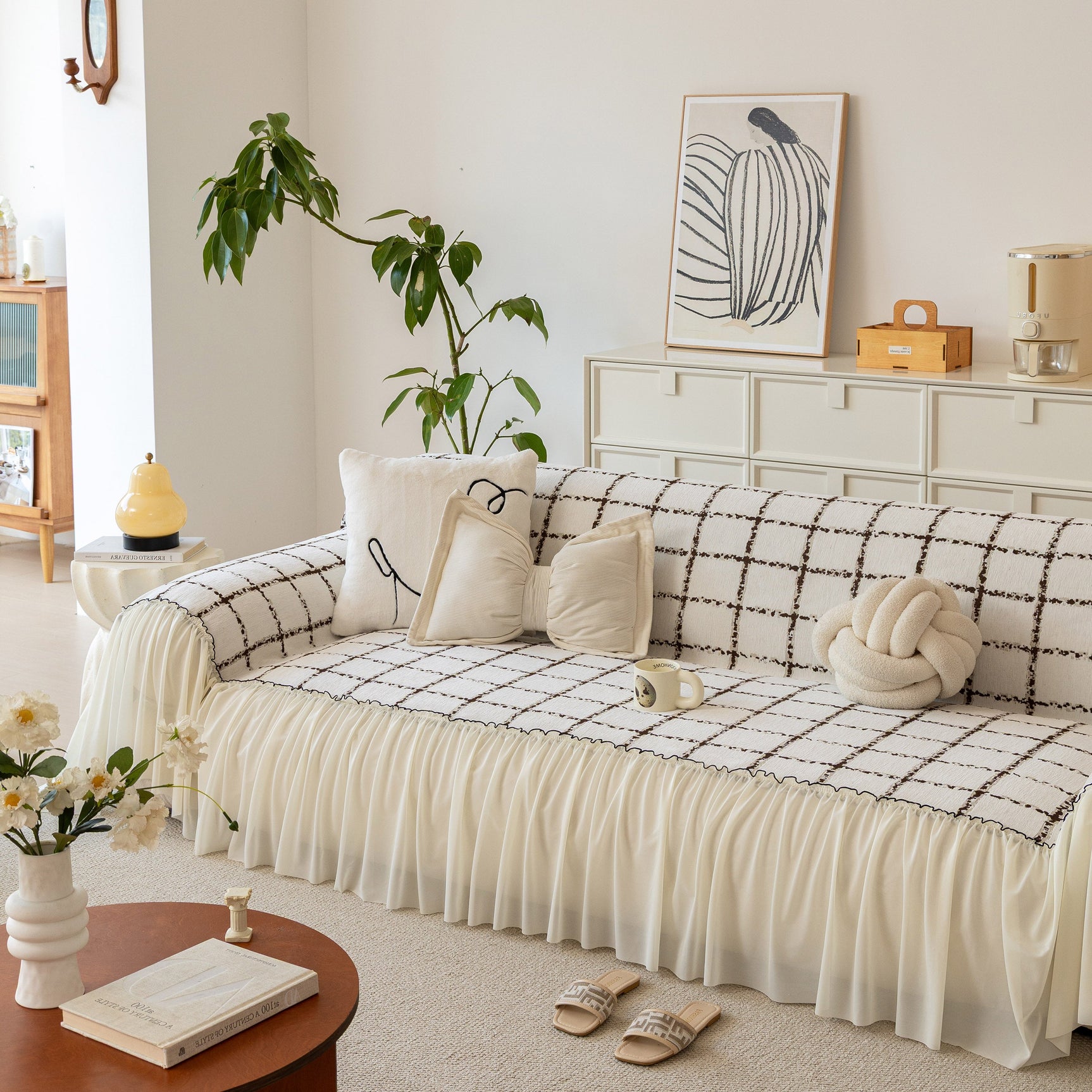 Grid Sofa Cover with Ruffle Skirt – Soft, Decorative, Full-Cover Couch Protector - Ornate Home