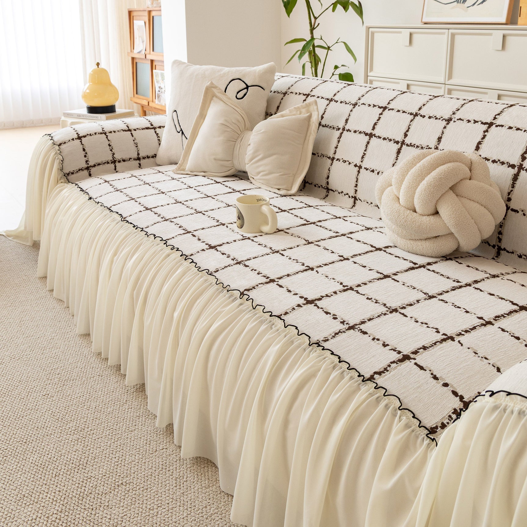 Grid Sofa Cover with Ruffle Skirt – Soft, Decorative, Full-Cover Couch Protector - Ornate Home