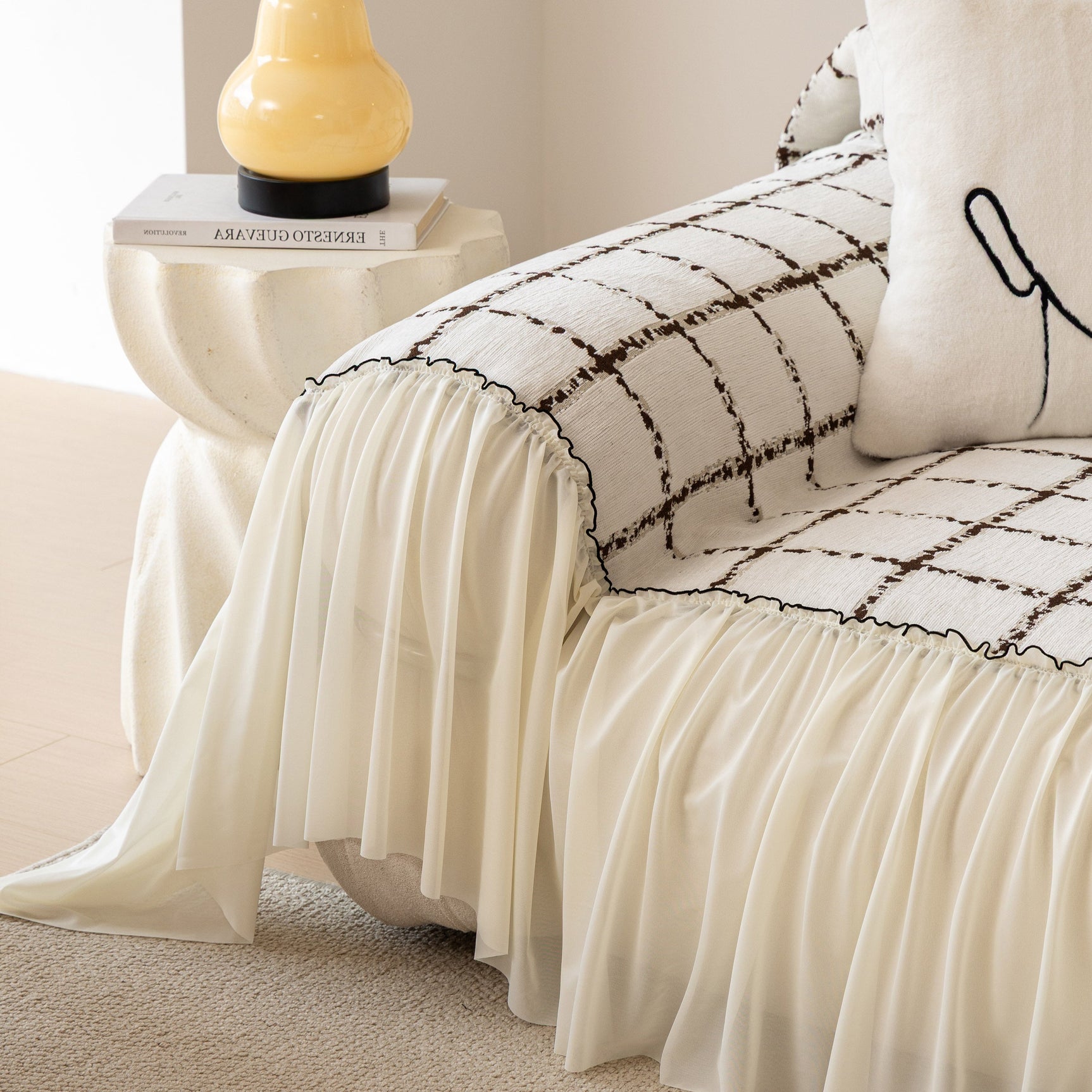 Grid Sofa Cover with Ruffle Skirt – Soft, Decorative, Full-Cover Couch Protector - Ornate Home