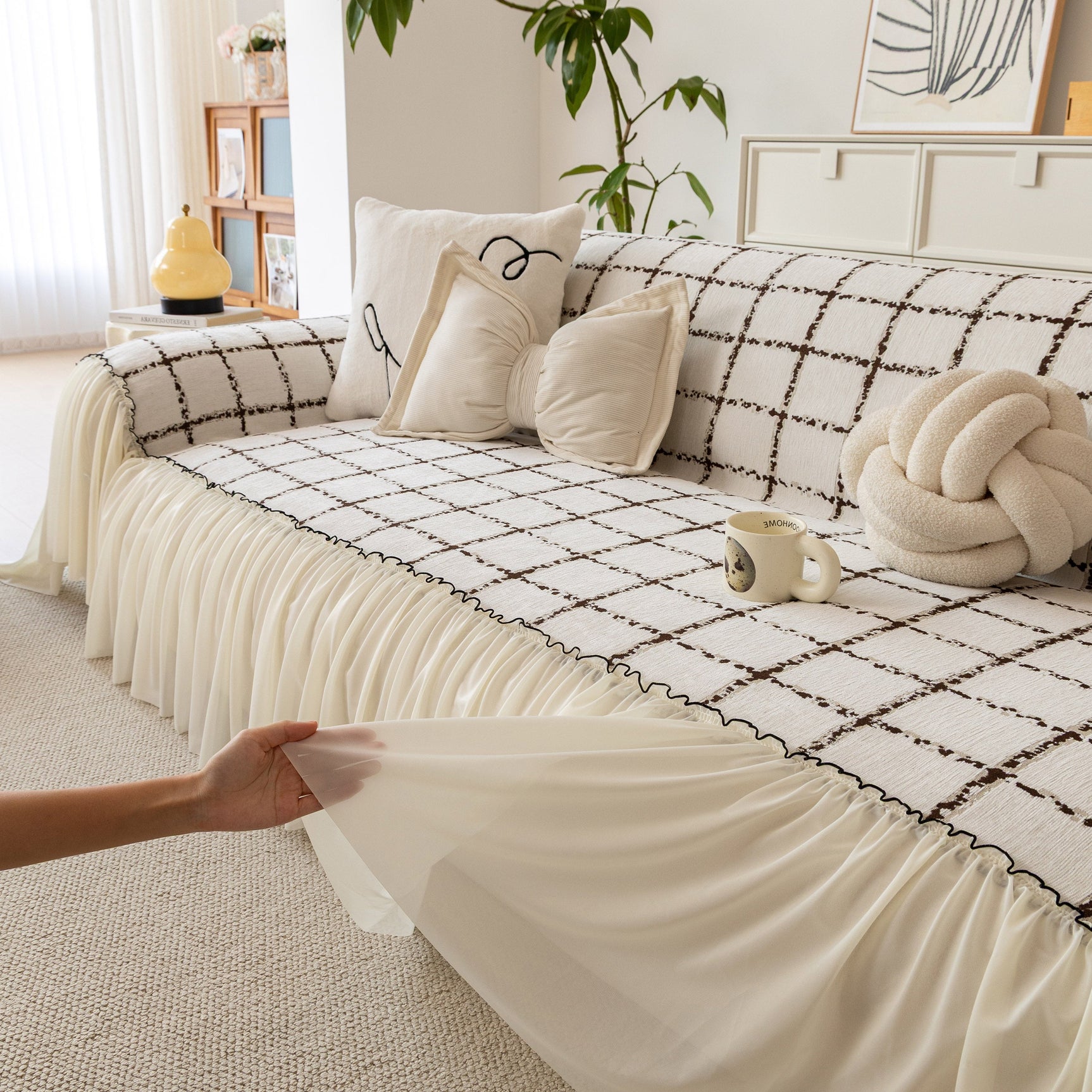 Grid Sofa Cover with Ruffle Skirt – Soft, Decorative, Full-Cover Couch Protector - Ornate Home