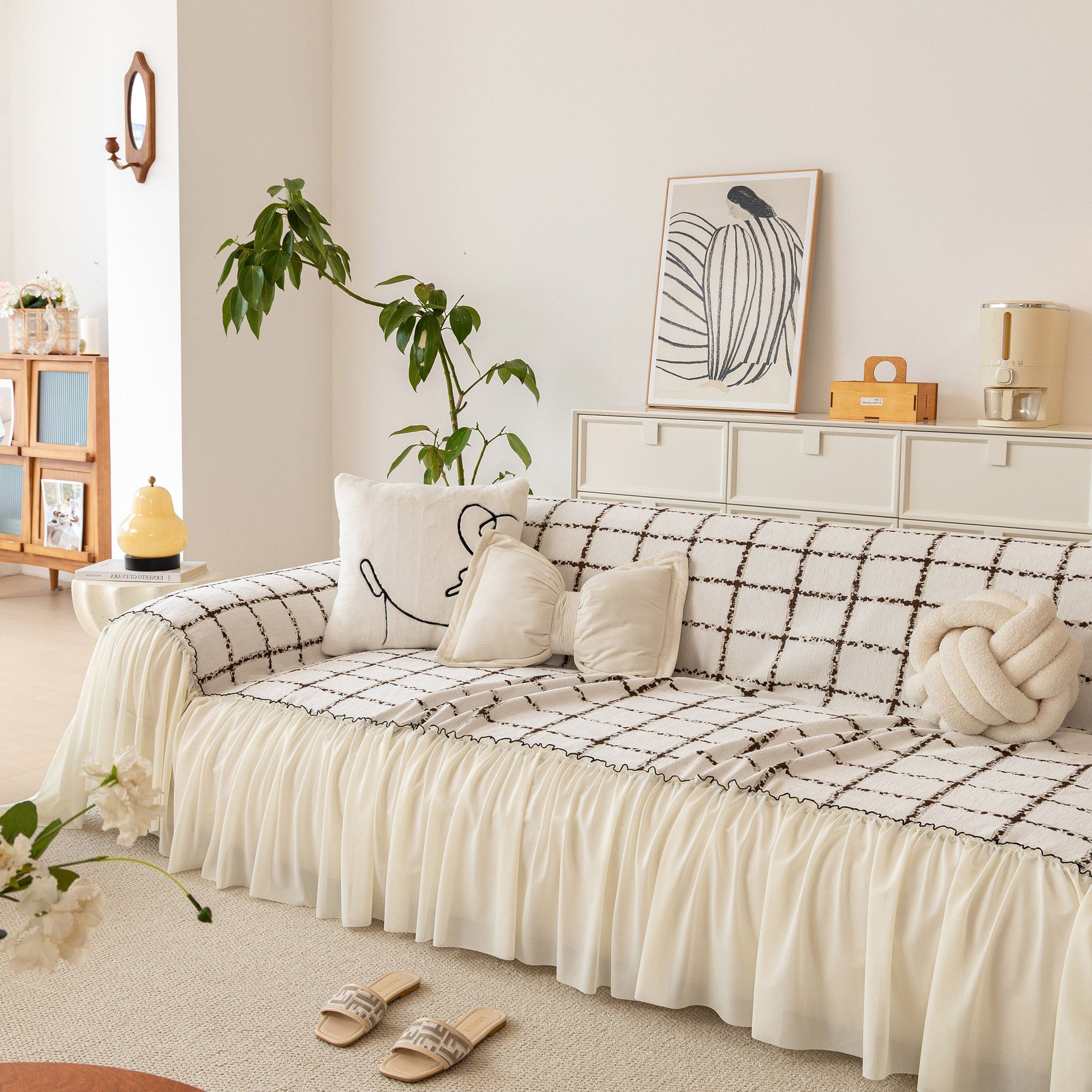 Grid Sofa Cover with Ruffle Skirt – Soft, Decorative, Full-Cover Couch Protector - Ornate Home