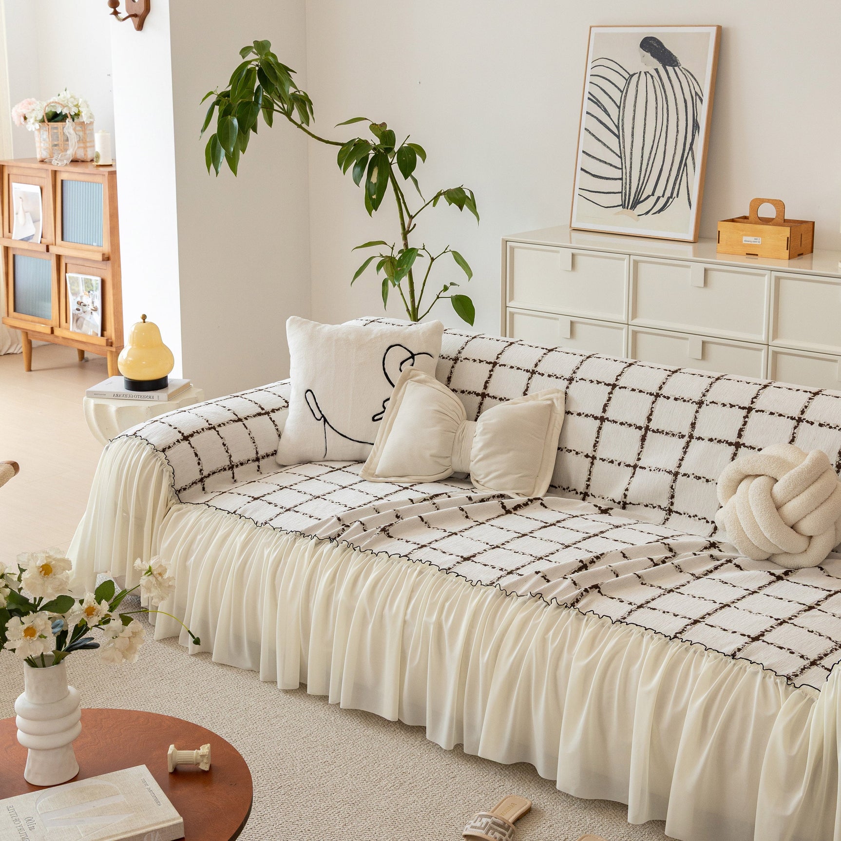 Grid Sofa Cover with Ruffle Skirt – Soft, Decorative, Full-Cover Couch Protector - Ornate Home