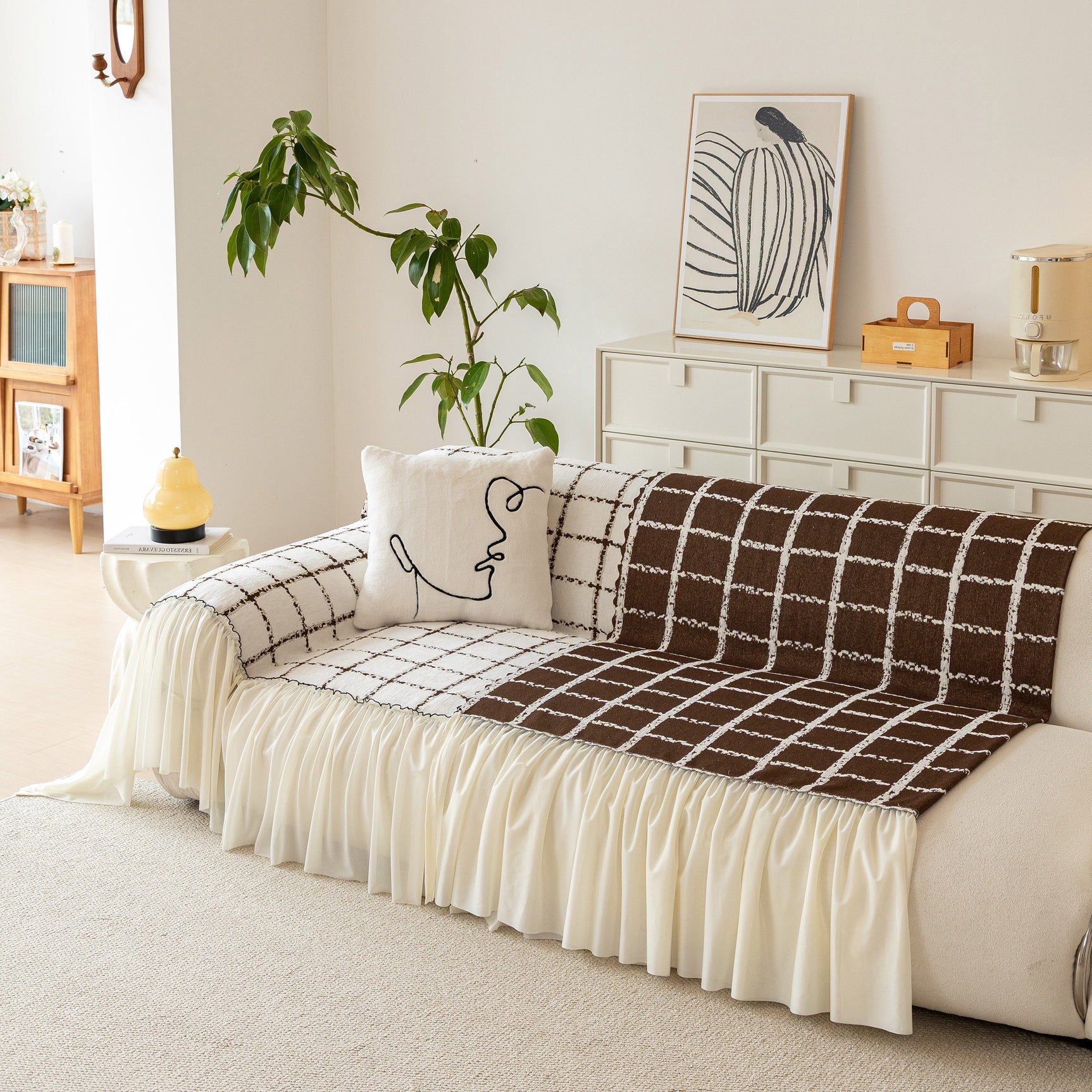 Grid Sofa Cover with Ruffle Skirt – Soft, Decorative, Full-Cover Couch Protector - Ornate Home