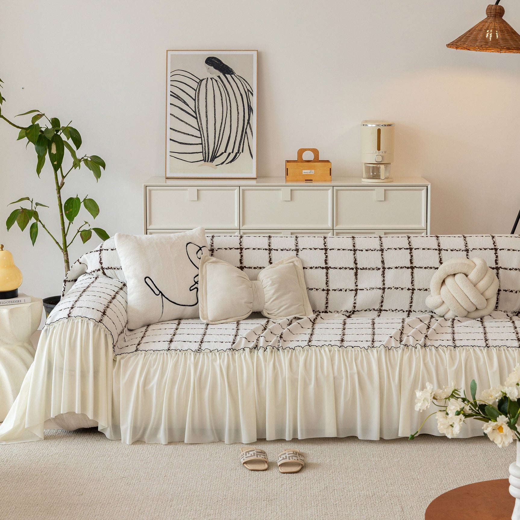 Grid Sofa Cover with Ruffle Skirt – Soft, Decorative, Full-Cover Couch Protector - Ornate Home