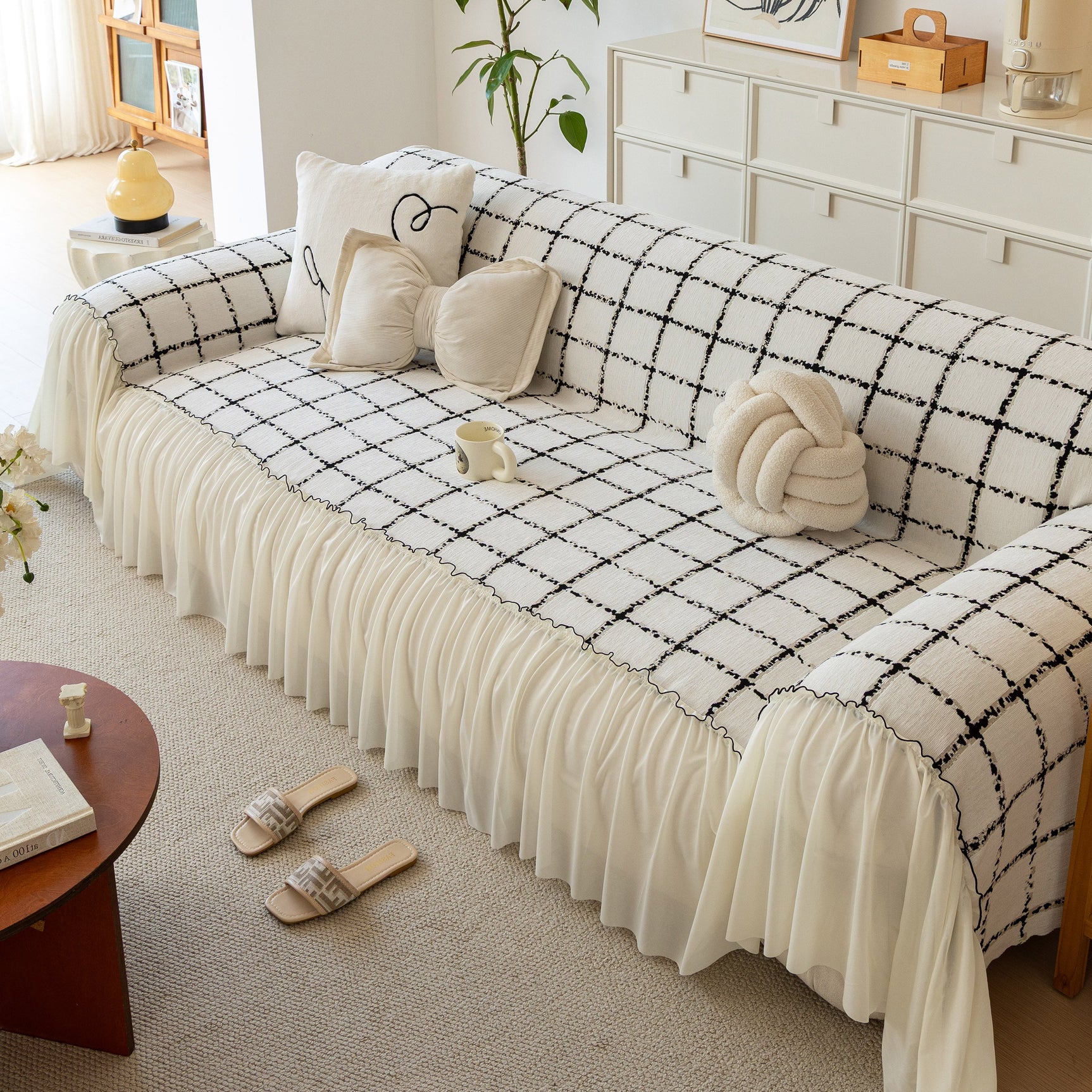 Grid Sofa Cover with Ruffle Skirt – Soft, Decorative, Full-Cover Couch Protector - Ornate Home