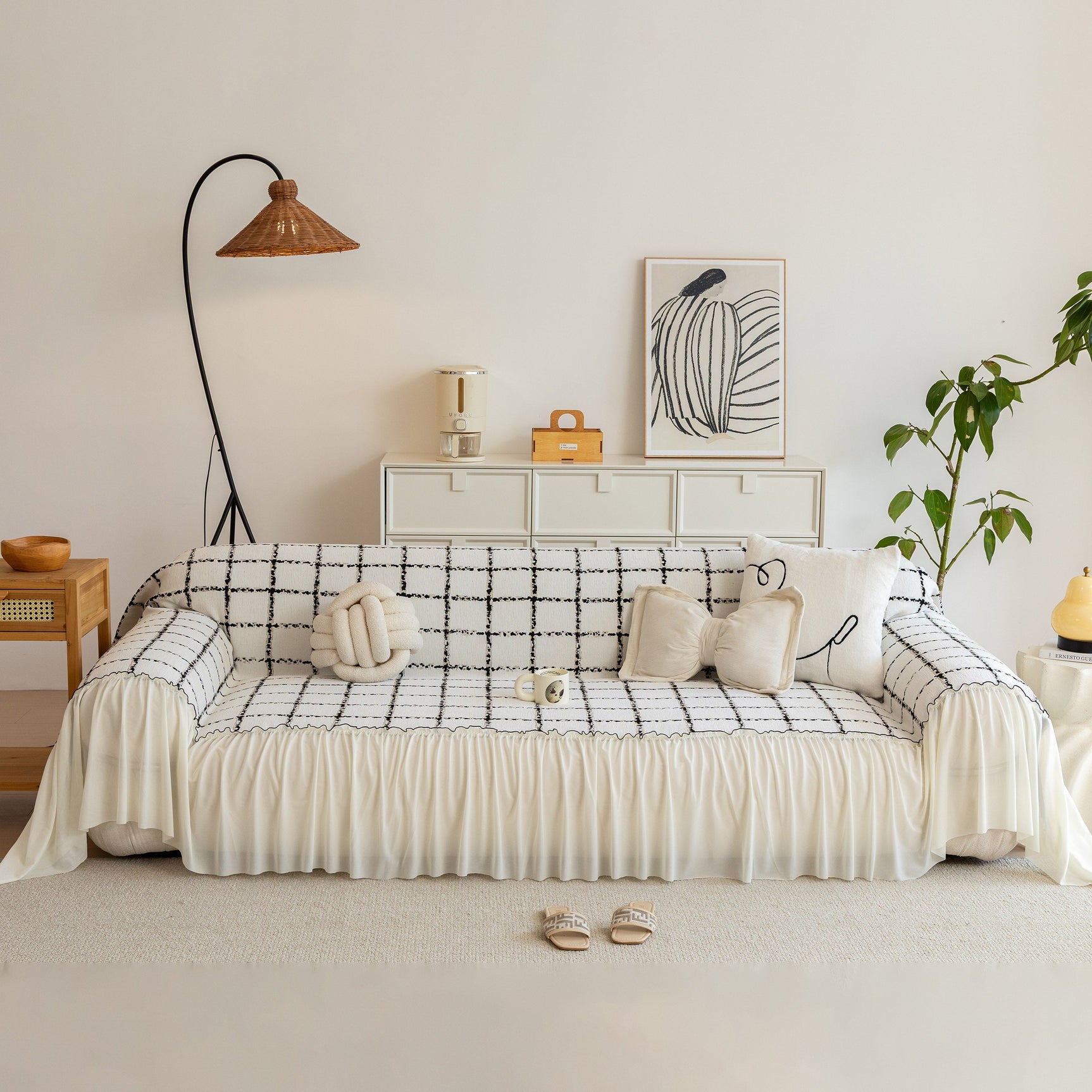 Grid Sofa Cover with Ruffle Skirt – Soft, Decorative, Full-Cover Couch Protector - Ornate Home