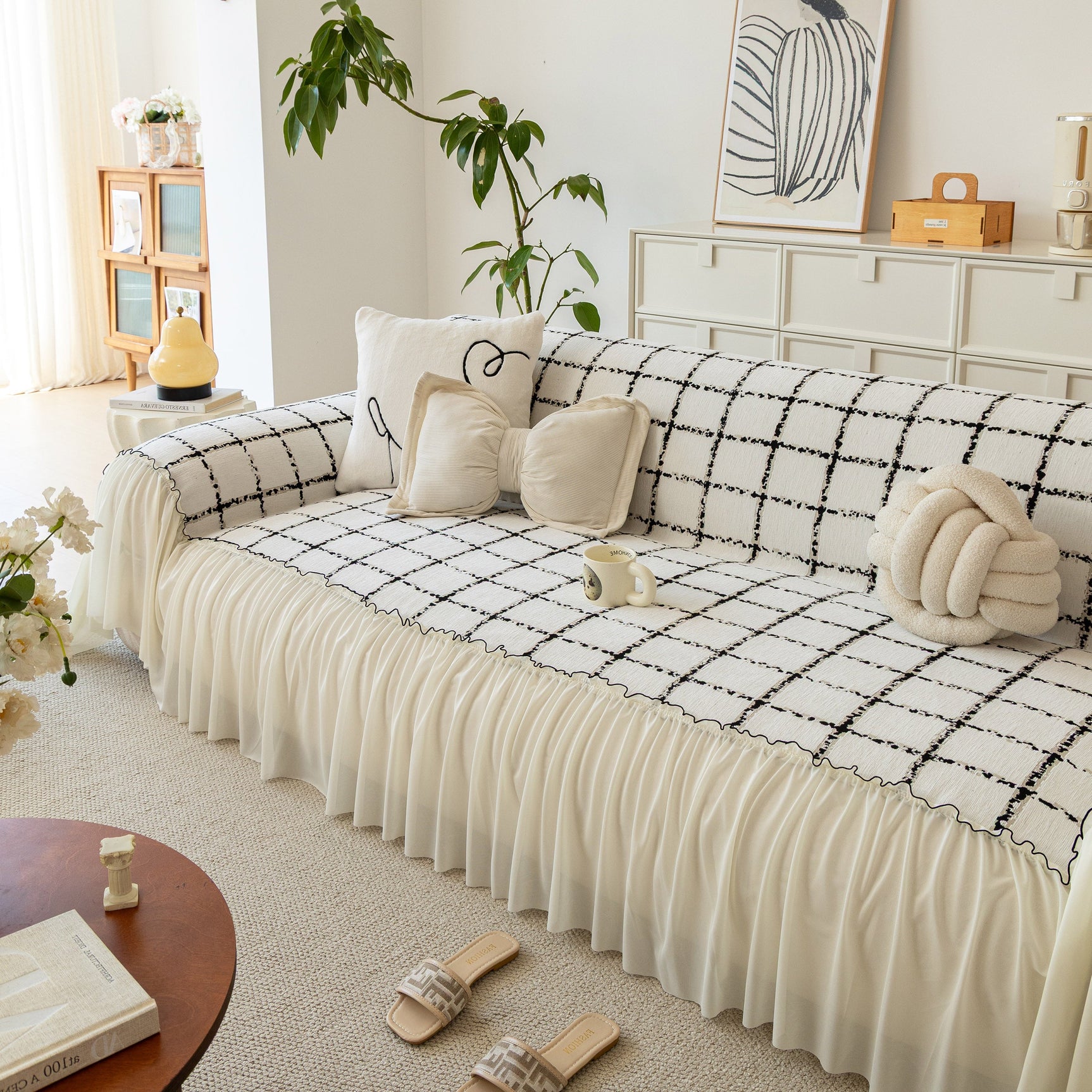 Grid Sofa Cover with Ruffle Skirt – Soft, Decorative, Full-Cover Couch Protector - Ornate Home