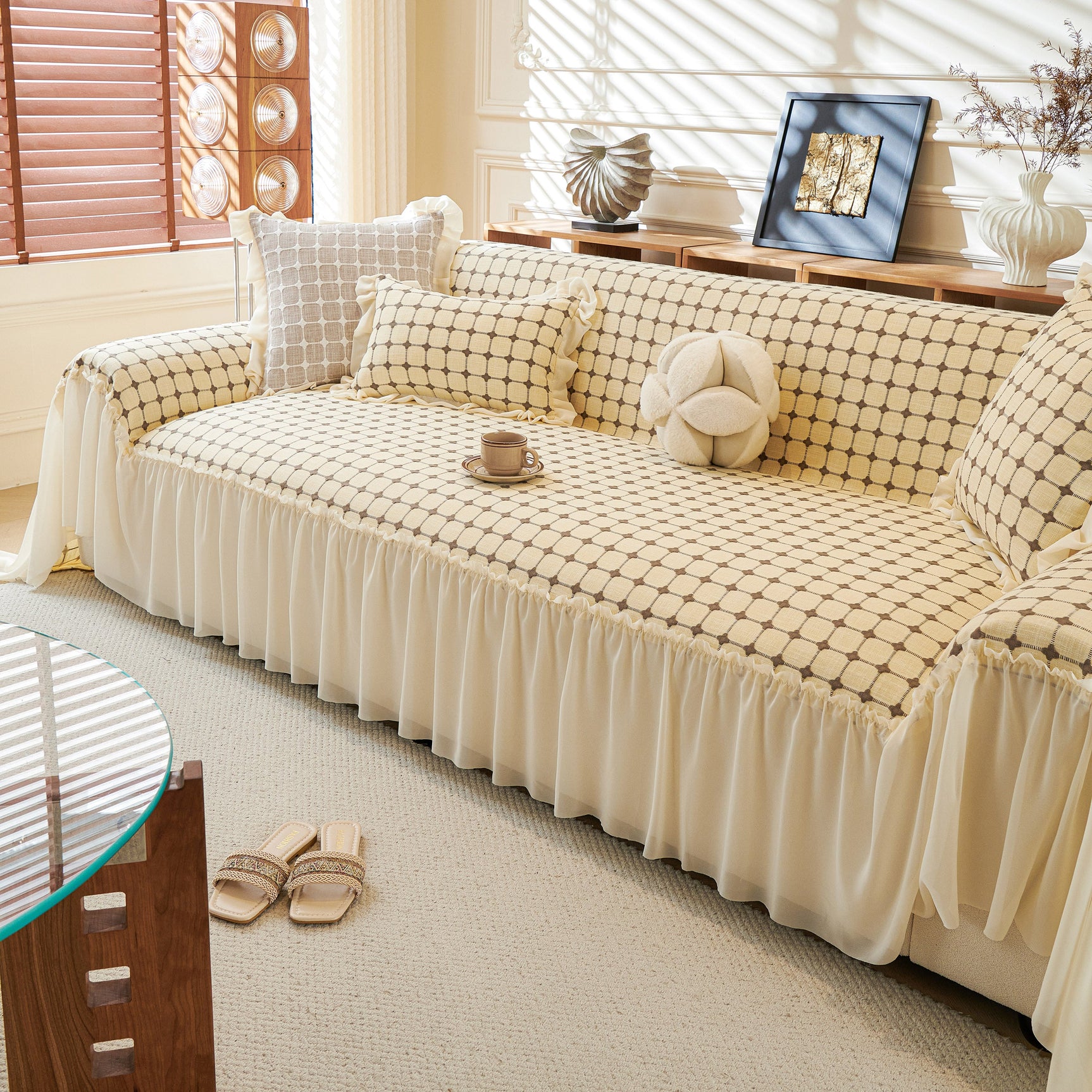 Grid Textured Sofa Cover with Sheer Ruffle Skirt, Pet-Friendly Sofa Throw Slipcover - Ornate Home