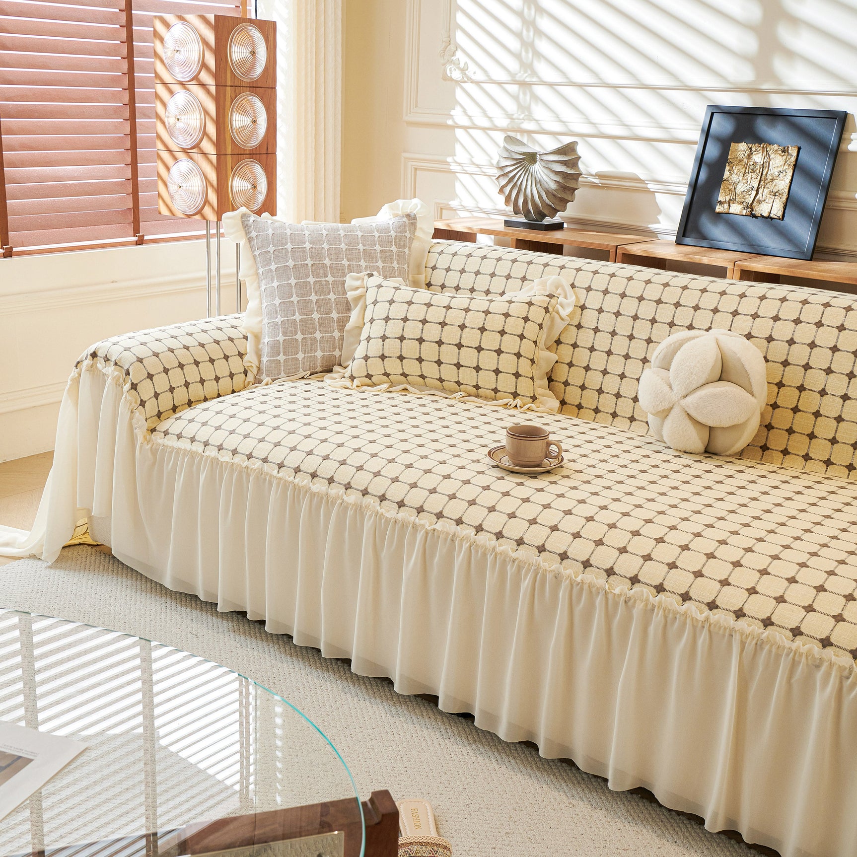 Grid Textured Sofa Cover with Sheer Ruffle Skirt, Pet-Friendly Sofa Throw Slipcover - Ornate Home