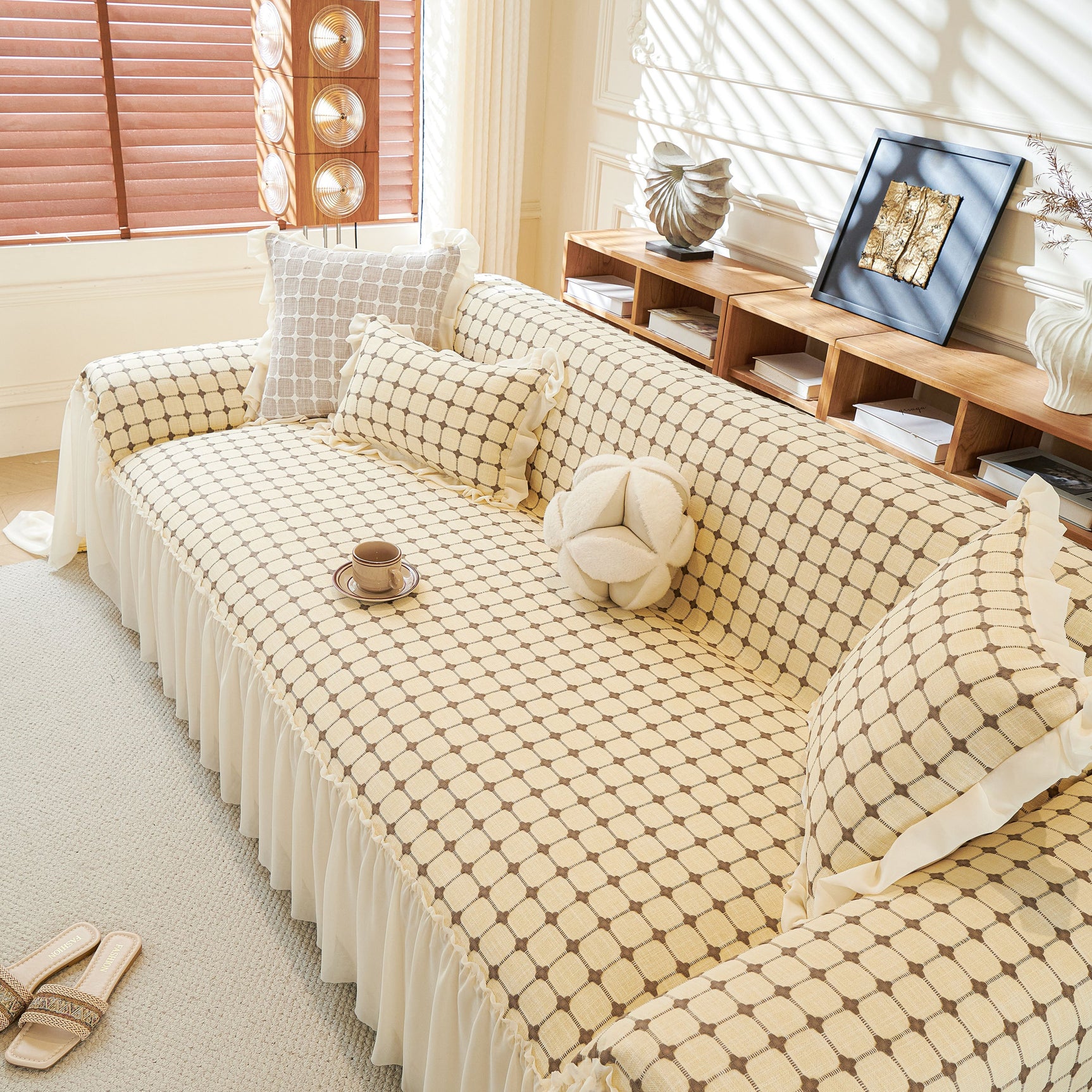 Grid Textured Sofa Cover with Sheer Ruffle Skirt, Pet-Friendly Sofa Throw Slipcover - Ornate Home