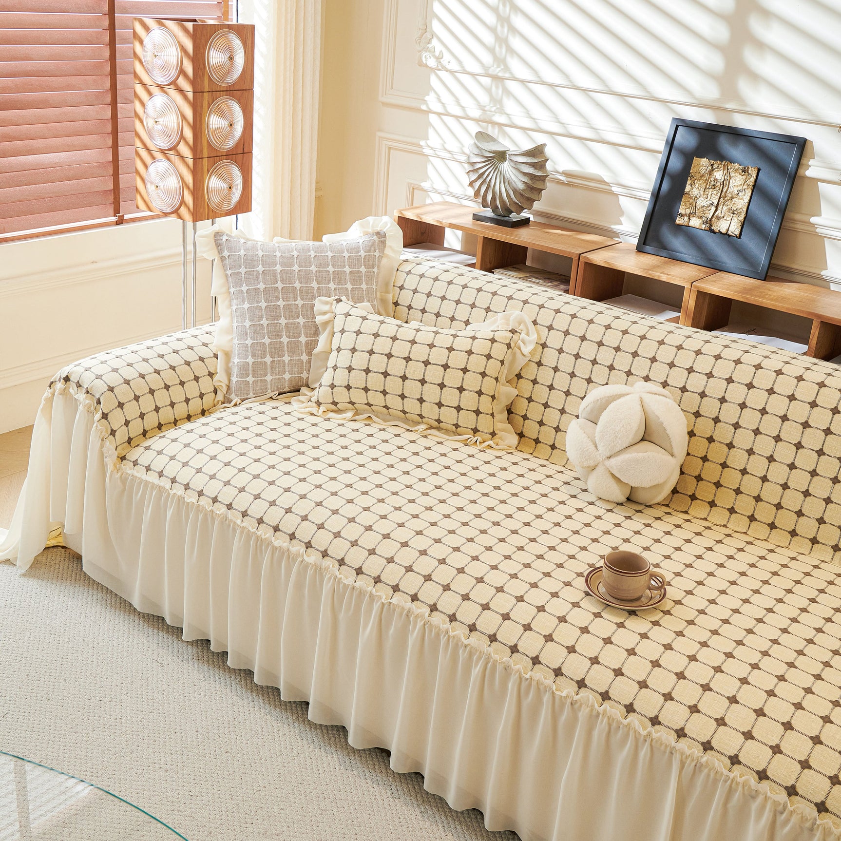 Grid Textured Sofa Cover with Sheer Ruffle Skirt, Pet-Friendly Sofa Throw Slipcover - Ornate Home