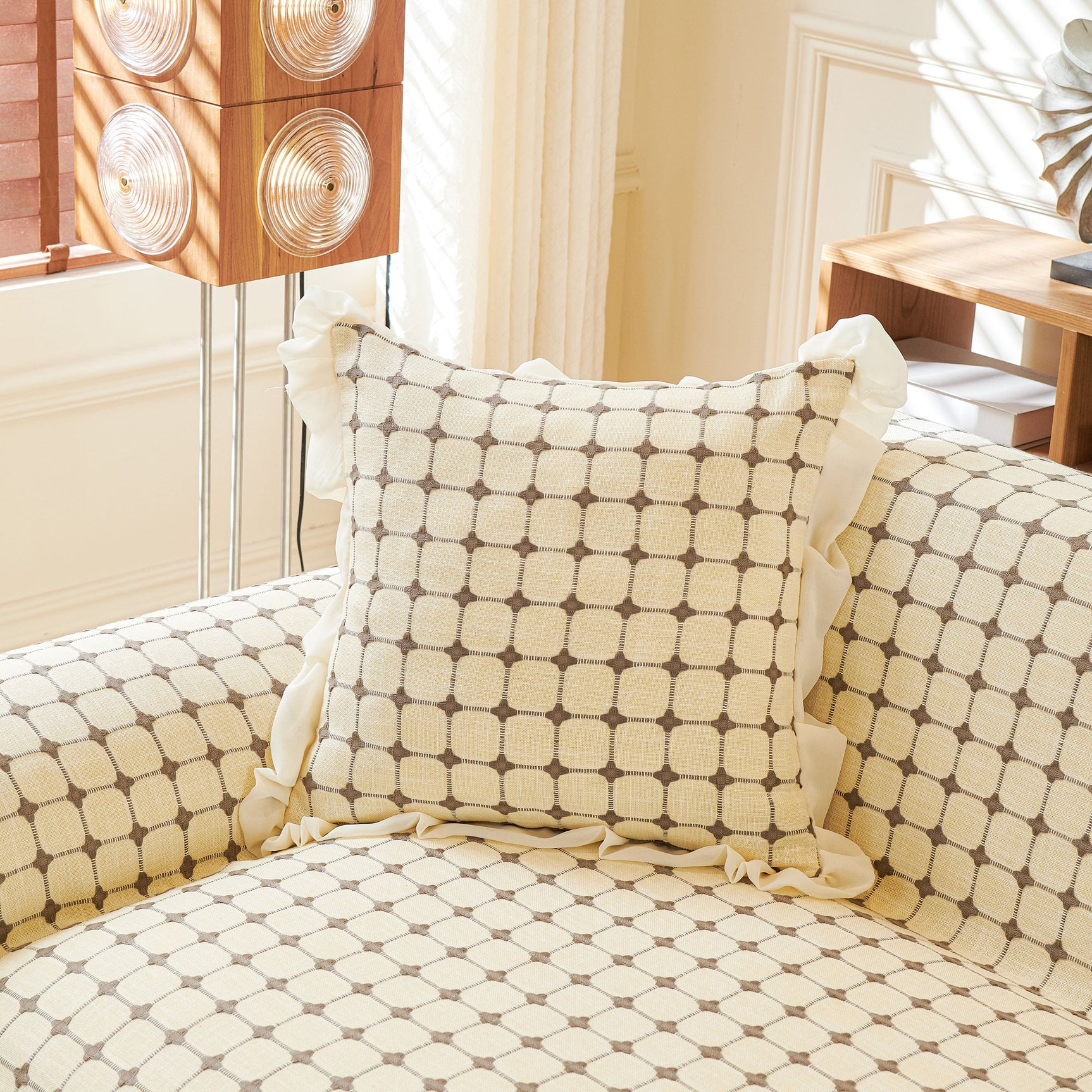 Grid Textured Sofa Cover with Sheer Ruffle Skirt, Pet-Friendly Sofa Throw Slipcover - Ornate Home