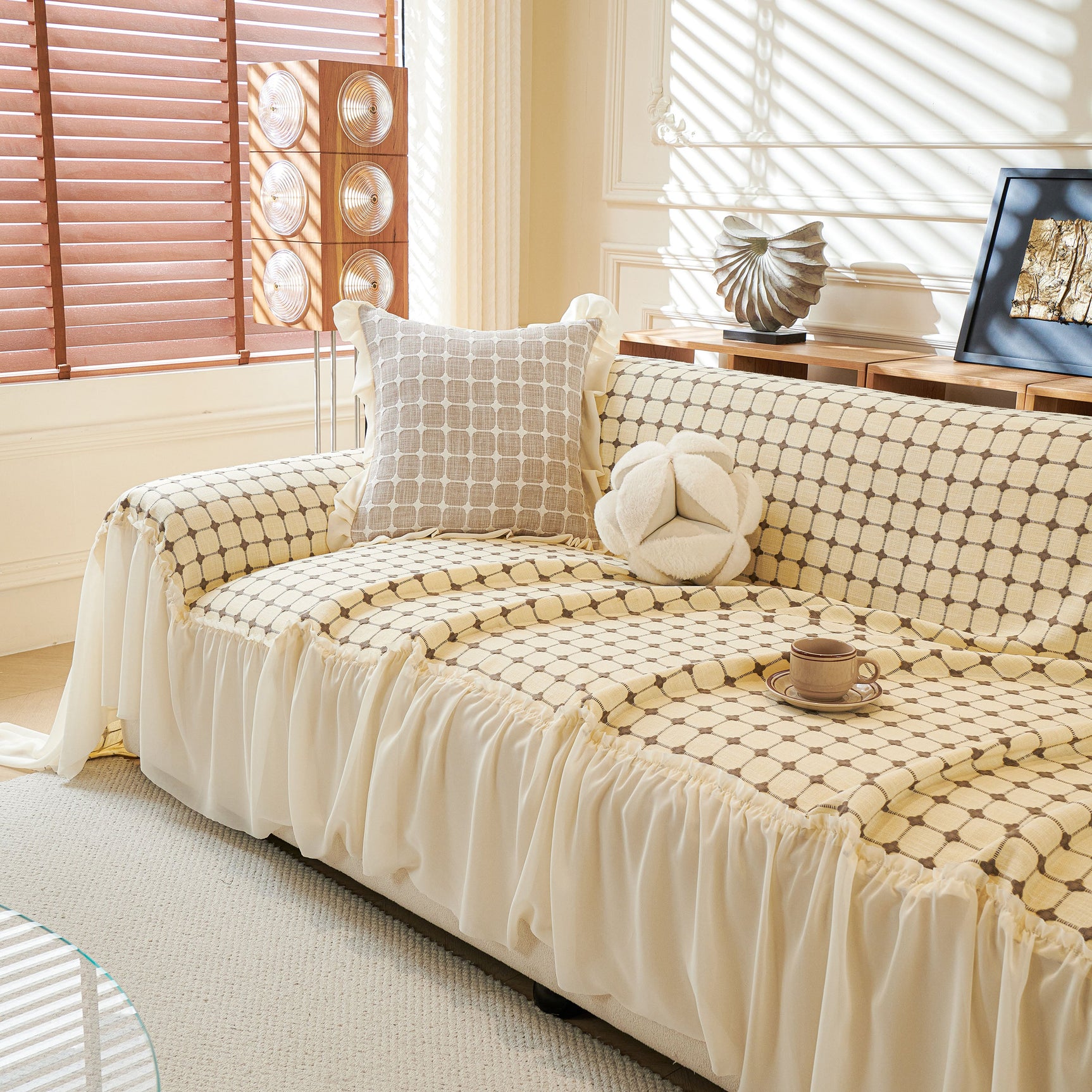 Grid Textured Sofa Cover with Sheer Ruffle Skirt, Pet-Friendly Sofa Throw Slipcover - Ornate Home
