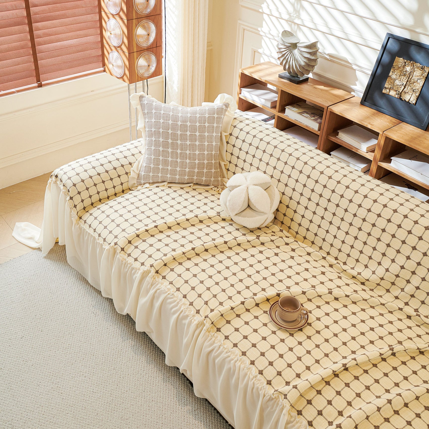 Grid Textured Sofa Cover with Sheer Ruffle Skirt, Pet-Friendly Sofa Throw Slipcover - Ornate Home