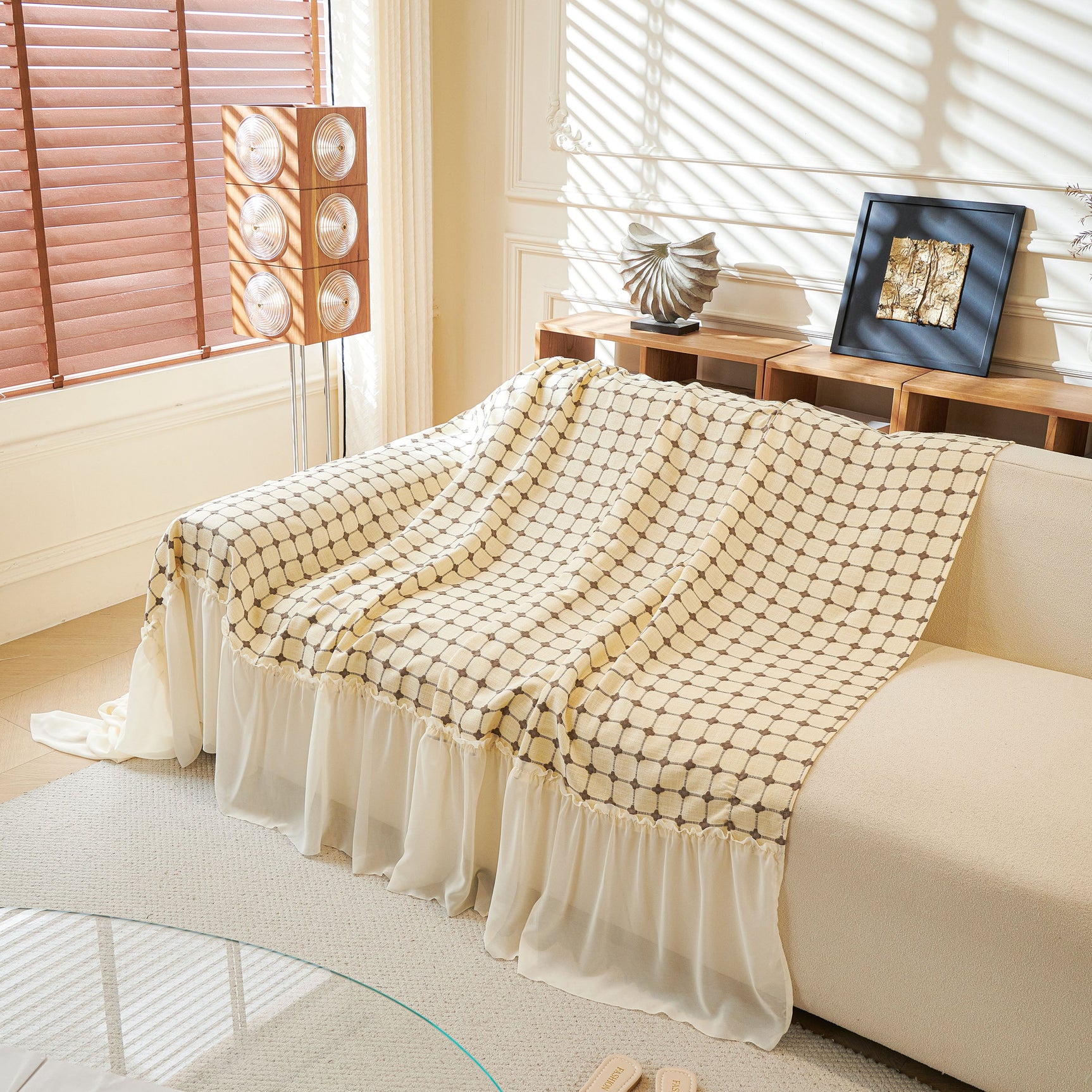 Grid Textured Sofa Cover with Sheer Ruffle Skirt, Pet-Friendly Sofa Throw Slipcover - Ornate Home