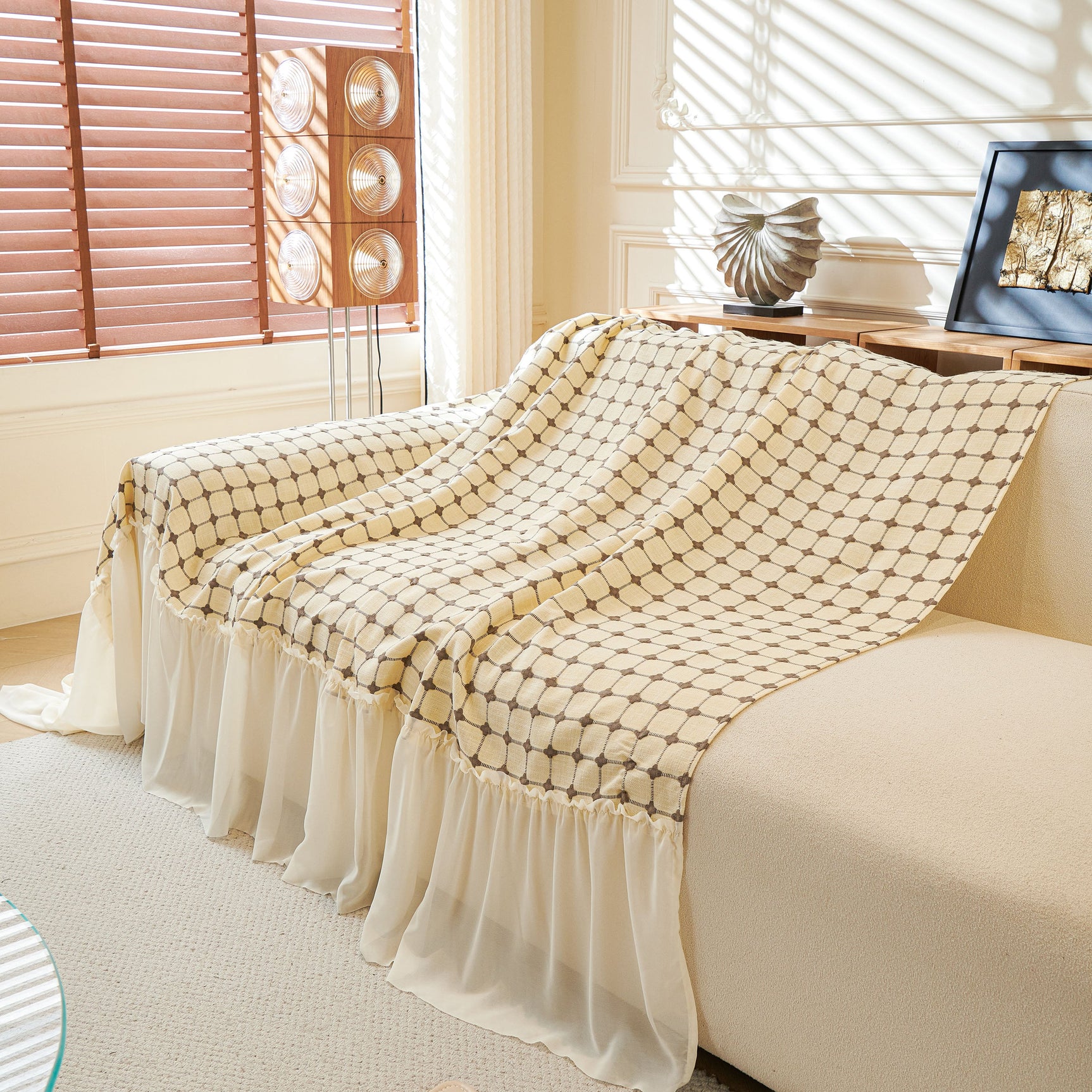 Grid Textured Sofa Cover with Sheer Ruffle Skirt, Pet-Friendly Sofa Throw Slipcover - Ornate Home