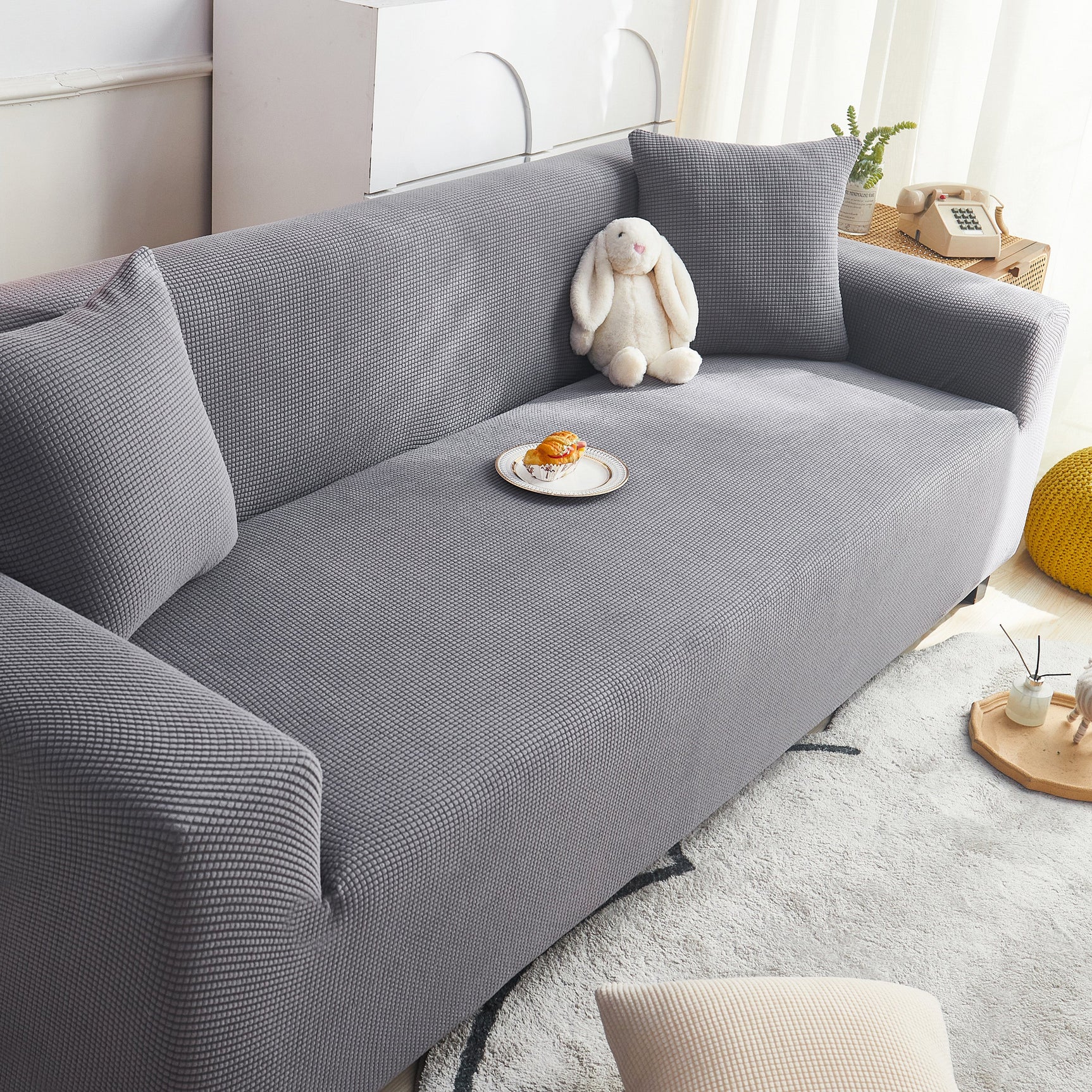 Grid Textured Stretch Sofa Cover, Soft Elastic Slipcover for Couch Protection - Ornate Home