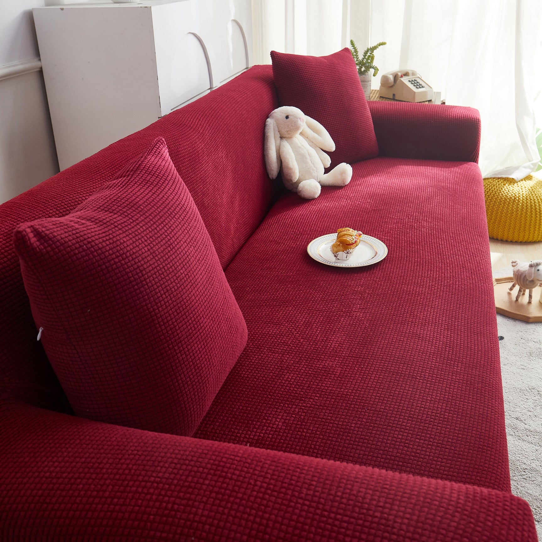 Grid Textured Stretch Sofa Cover, Soft Elastic Slipcover for Couch Protection - Ornate Home